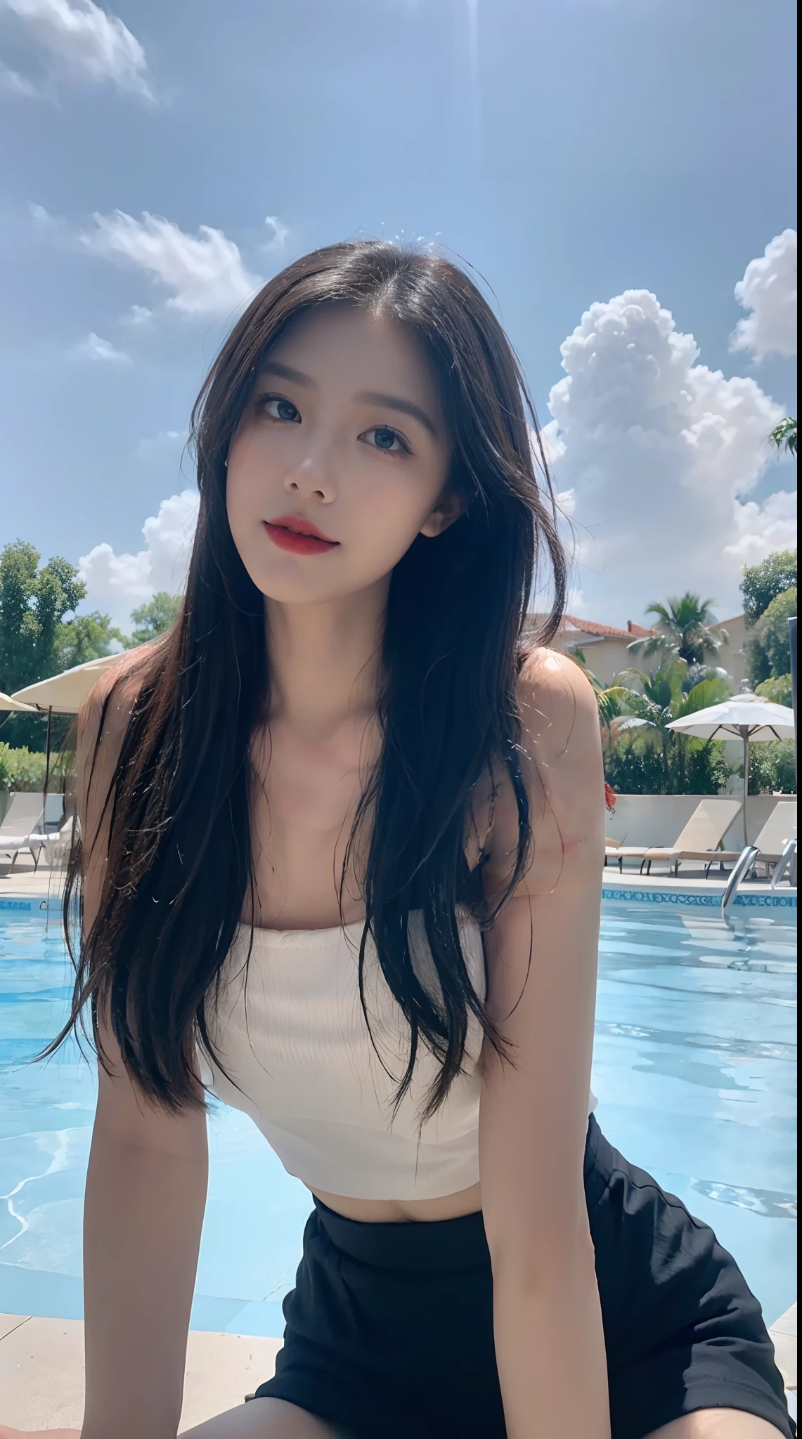 ((best qualtiy, 8K, tmasterpiece:1.3)), A pretty maiden，Pure，Melon seed face，gentle and cute，A sweet smile，Pure desire，Thin stature，(frontage)，(Tilt your head)，staring right into camera，uniform, Obi, formal，Black silky long, Straight hair，Long hair flowing over the shoulders，round black big eyes，Clear big eyes，Hydrated red lips，Sweet，Sitting next to the pool，with blue sky and white clouds，Blue skies，