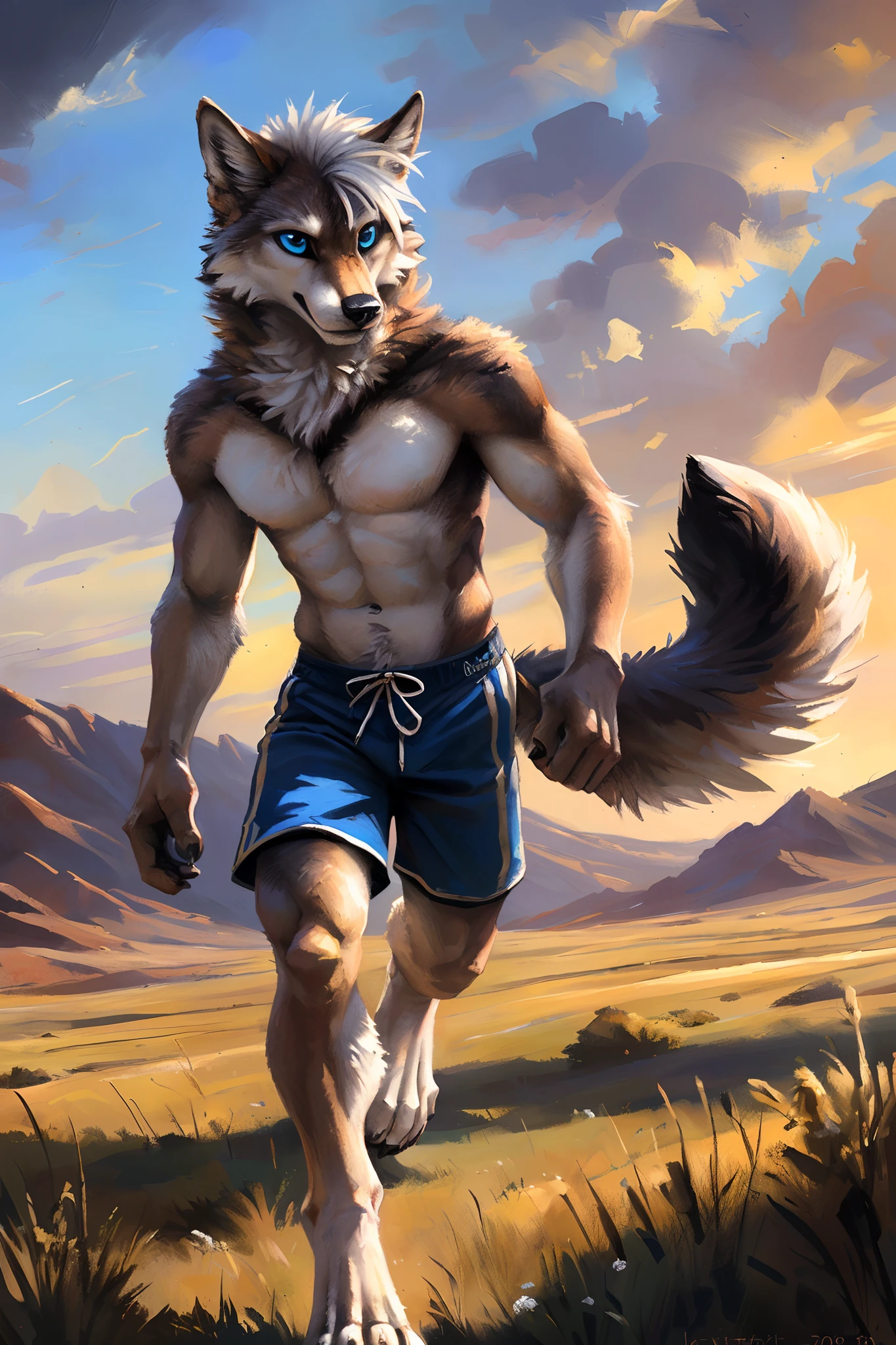 ((Solo)), male people, anthro wolf, (Multi-colored fur, White-brown:1.3), ((Wolf face, White hair, Big eyes, White eyelids, Blue pupil, Slim:1.2) (Tough, Calm expression:1.2)), Abs, Slim, pinging)), (Correct anatomy), (Work shorts:1.1), (Contour bone:1.2), The upper body is naked, (detailed outfits),A big tail,Feet,(Realistic fur, Detailed fur texture, labeled:1.3)), (Natural lighting), Photorealistic, Hyperrealistic, ultradetailed, by Kenket,Endless grasslands,No artificiality,erect through,Running on