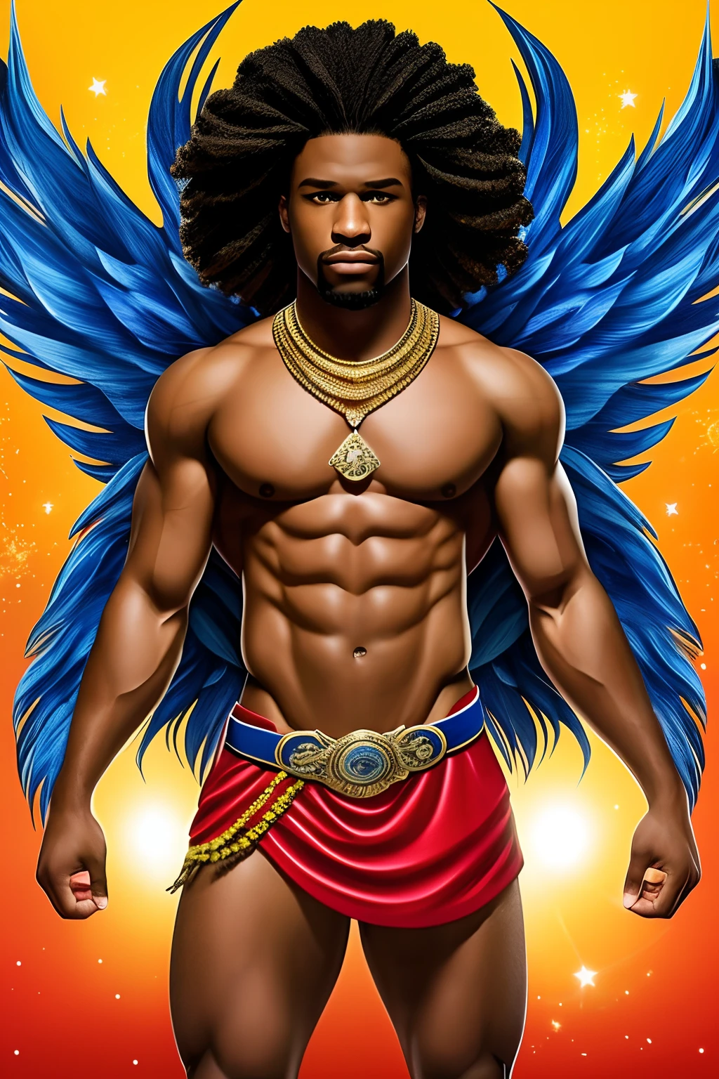 Create an image of a black ninja after an apocalypse in the future, afro cabelo caindo para frente, Rasta type but braided, corpo inteiro, vestindo um traje indiano ribulo africano corpo inteiro, A realistic 4K phoenix with blue feathers, dourado, cosmico , com uma Moreno, de cabelo afro cabelo caindo para frente, Rasta type but braided, Estilo Art Vista de Corpo Inteiro, plano completo, vista frontal, Vista lateral, vista traseira, de personagem, Multiple views and poses, various points of view, um personagem, corpo inteiro, personagem com menos, estilo de roupa, no mesmo Estilo de cabelo, less Type of footwear, strong full-body vision, plano completo, vista frontal, vista traseira, design de personagem, Multiple views and poses, various points of view, de um personagem, corpo inteiro,, personagem com mesmo, estilo de roupa, no mesmo Estilo de cabelo, same type of footwearThe route follows the cores of the Cape Verde flag. The top is deep blue, simbolizando o oceano que cerca as ilhas. The chest and the central part are white, representando a paz e a unidade do povo cabo-verdiano. The sleeves and legs are red, denoting determination and spirit, do 10 Estrelas Douradas, : Ten gold stars are prominently displayed at the top of the costume, ao longo do peito e ombros, representando as 10 principais ilhas de Cabo Verde. Cada estrela, It is carefully detailed and shines brightly against the background Star Belt A wide belt, also golden, is used in Tribal Details, O traje incorpora elementos tribais discretos em seu design, referencing the cultural heritage of Cape Verde
