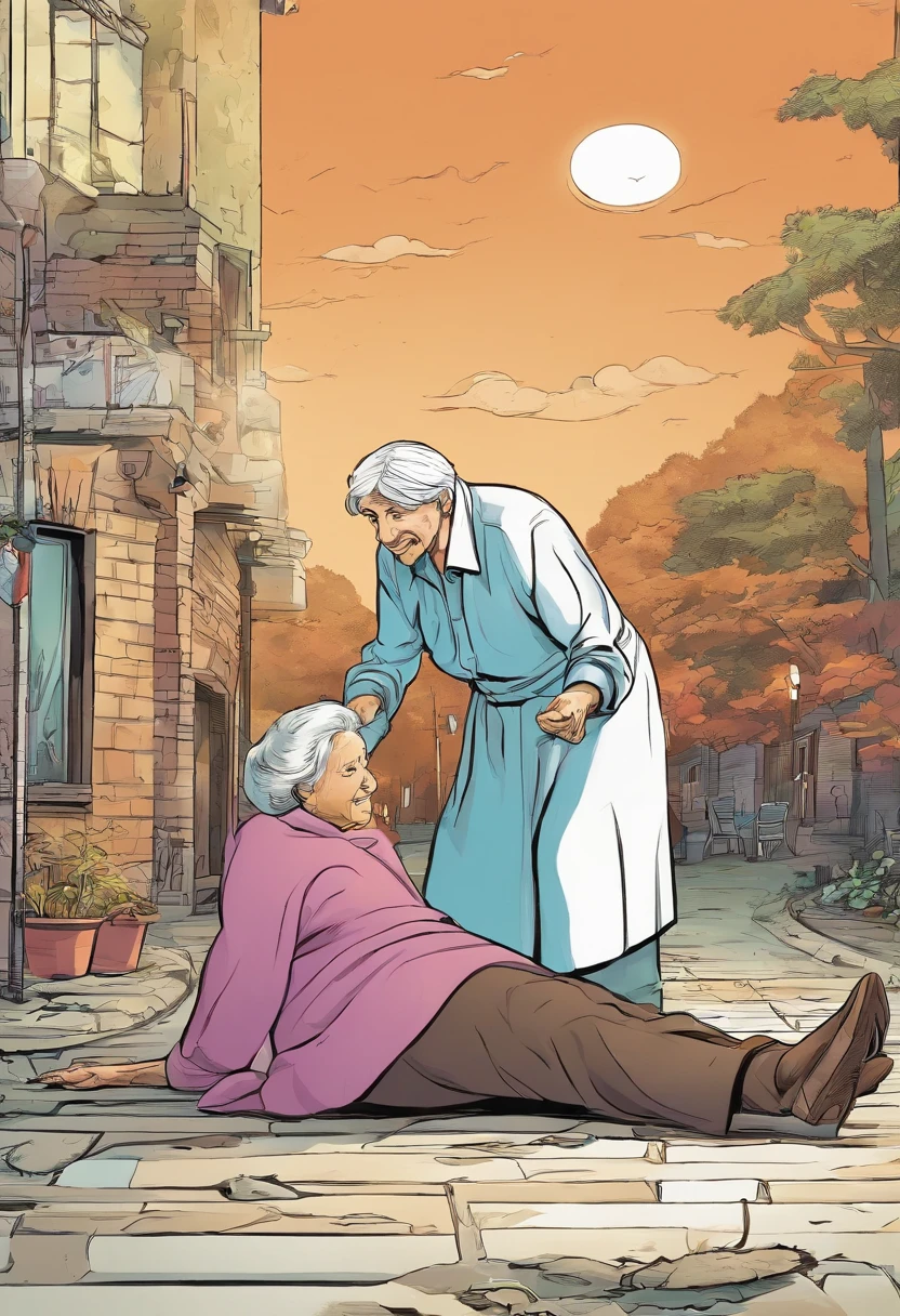 the man is helping an old woman that fell on the ground to stand up