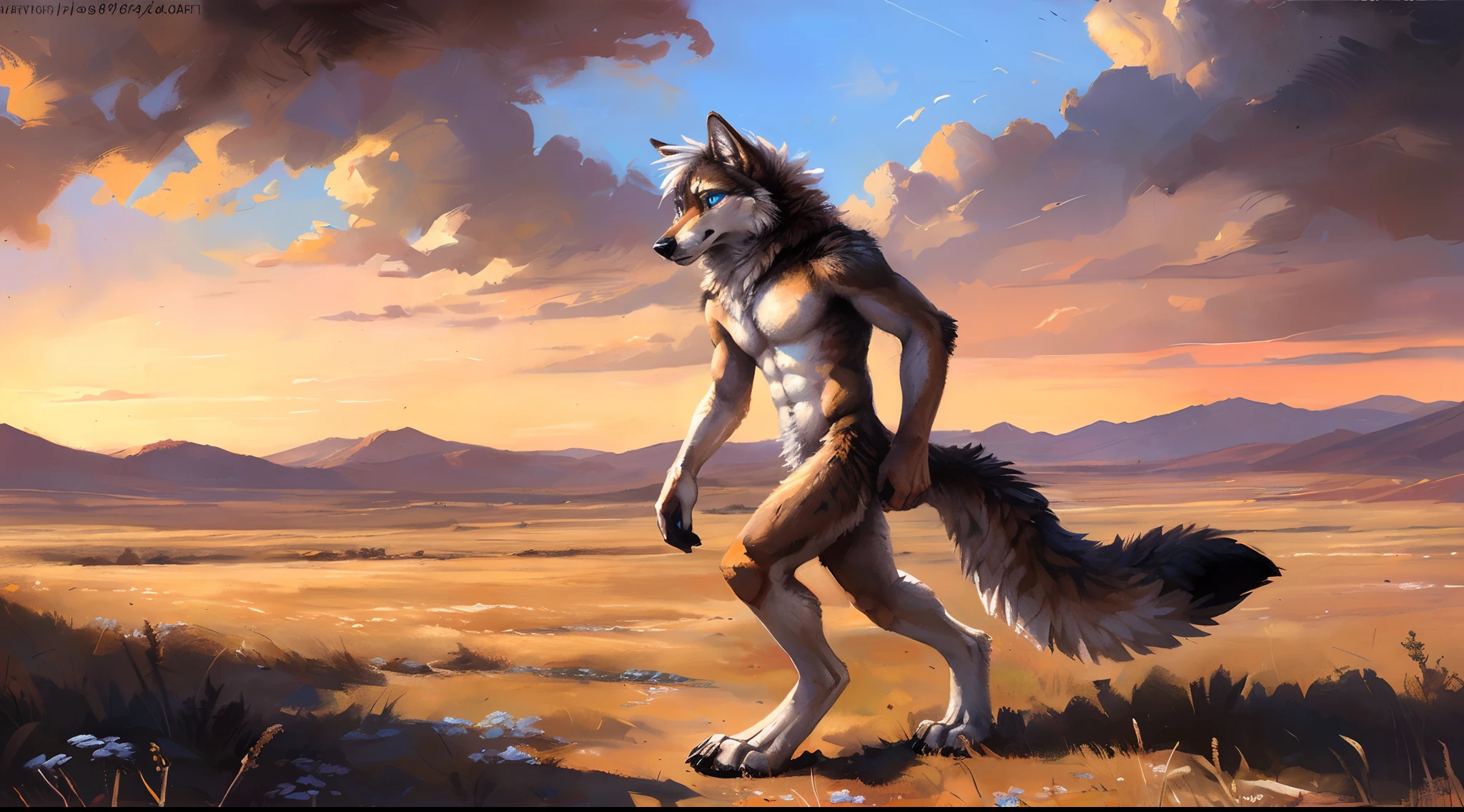 ((Solo)), male people, coyote, (Multi-colored fur, White-brown:1.3), ((Wolf face, White hair, Big eyes, White eyelids, Blue pupil, Slim:1.2) (Tough, Calm expression:1.2)), Abs, Slim, pinging)), (Correct anatomy), A big tail,Feet,Longer torso,(Realistic fur, Detailed fur texture, labeled:1.3)), (Natural lighting), Photorealistic, Hyperrealistic, ultradetailed, by Kenket,Naked all over the body,Endless grasslands,Walking