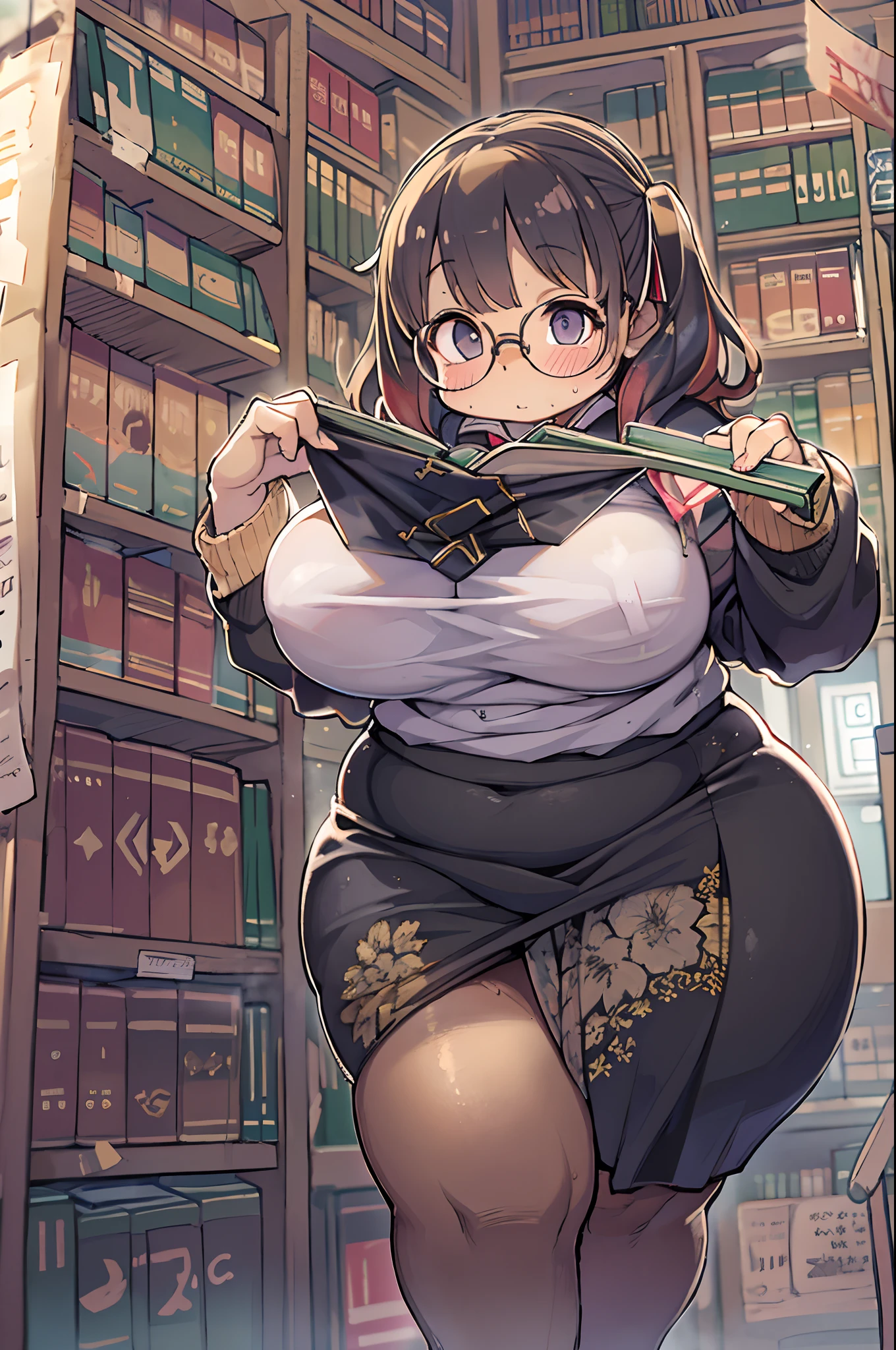 Huge library、1 librarian、One Woman、small round glasses、huge-breasted、(((((bbw)))))、pantyshot 、 up skirt、From below、big butts