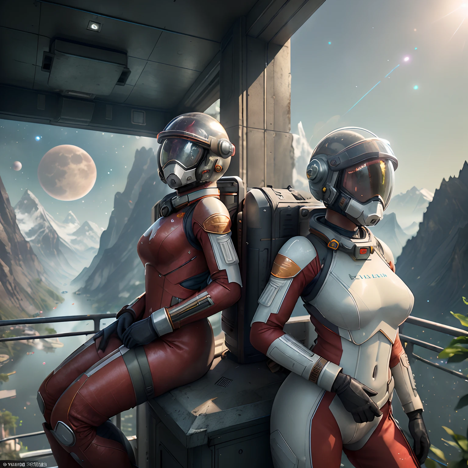 Highly detailed RAW color photographs, back corners, full body, (female space soldier, wearing red and white spacesuits, helmets, colored masks, rebreathers, prominent trophies, China), outdoors, (leaning on a balcony, looking at advanced alien structures), toned body, big ass, (sci-fi), (mountains: 1.1), (lush green vegetation), (two moons in the sky: 0.8), (highly detailed, ultra-detailed, complex), (Lens flare: 0.7), (Flood: 0.7), particle effects, ray tracing, cinematic lighting, shallow depth of field, shot on Sony a9 II, 50mm wide-angle lens, clear focus, motion picture film from gravity 2013