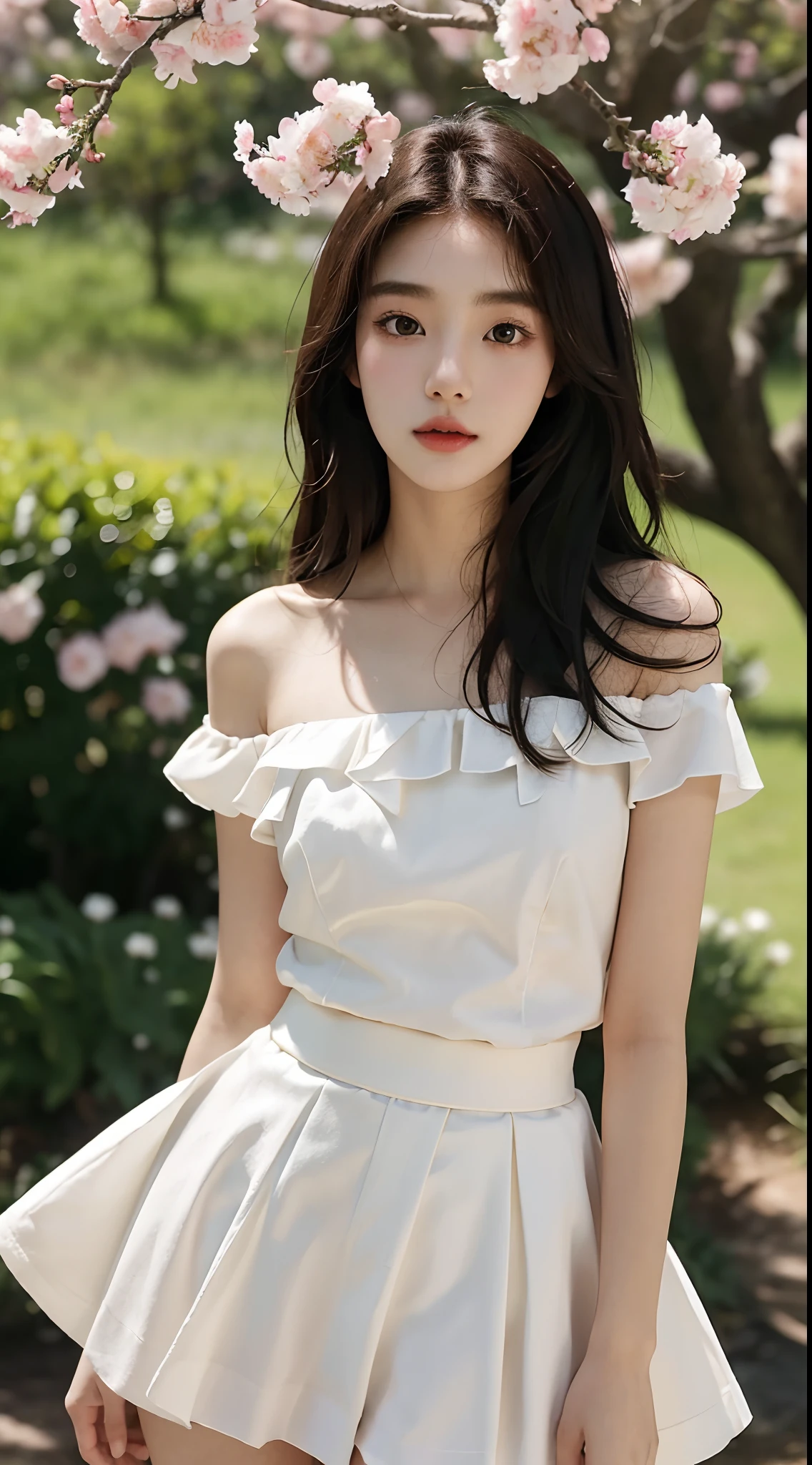 1girl, white flared skirt. black hair with flowers. gentle eyes. stand
