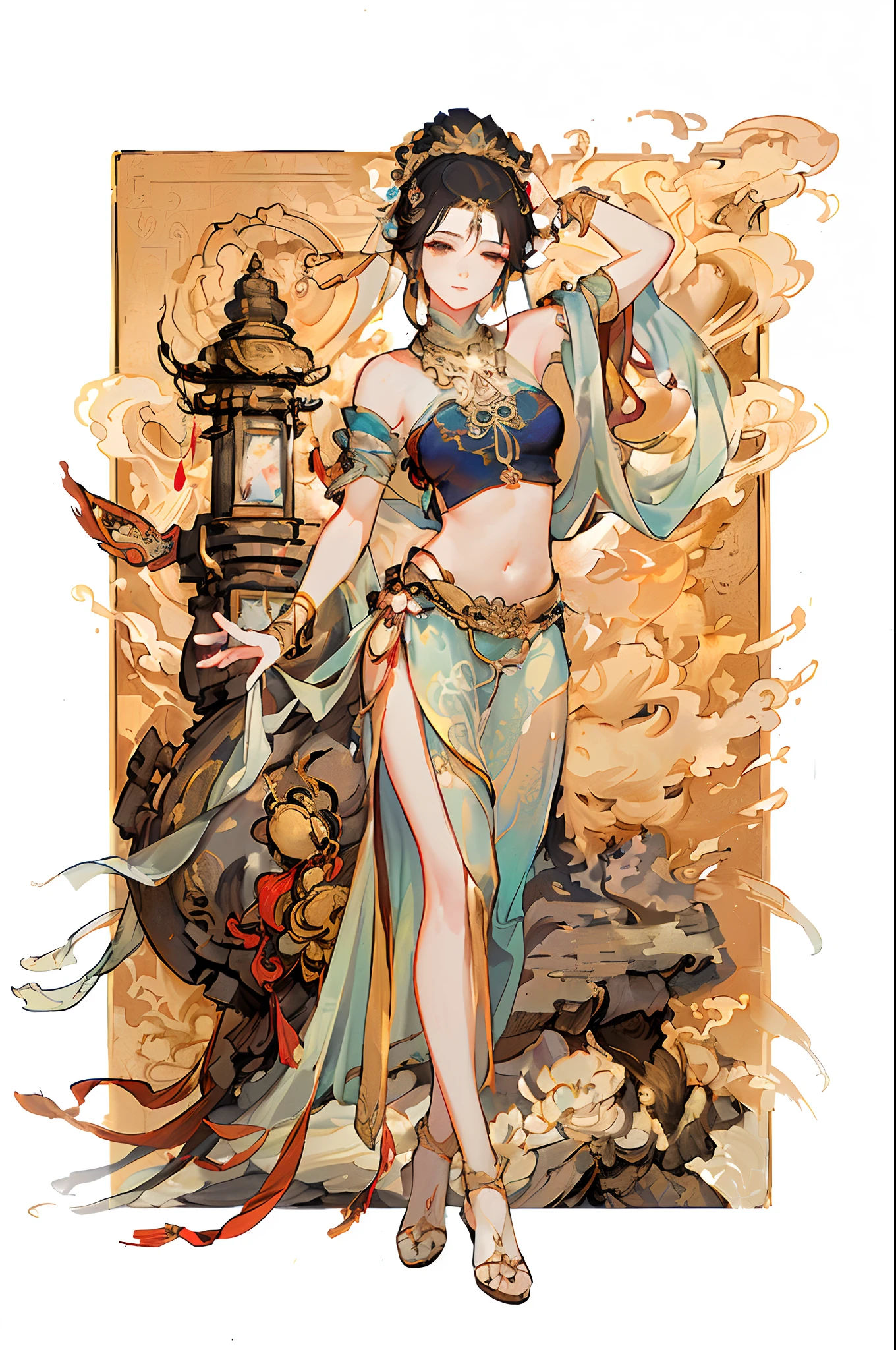arafed image of a woman in a belly dance costume, alphonse mucha and rossdraws, by Yang J, inspired by Fenghua Zhong, full color illustration, a beautiful fantasy empress, inspired by Lan Ying, by Shen Zhou, a beautiful artwork illustration, by Qu Leilei, by Yan Hui, by Zeng Jing, by Lu Guang