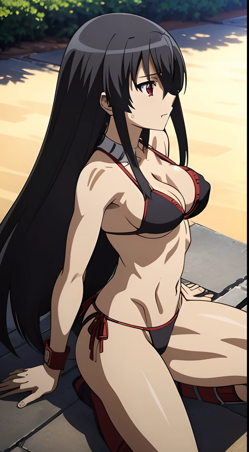 akame , (masterpiece, best quality), beautiful red eyes,shiny skin,sharp eyes,insanely detailed face,contrapposto, (very long hair))),(((solo, 1girl,))), black hair, ((medium breasts)),((white sexy bikini )),hair between eyes, ass, big eyes,face focus, muscle, slim body, sitting, background on beach and sea ,side view , profile