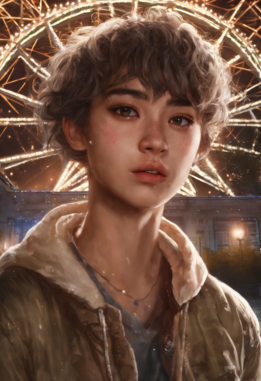 romantic couple, face to face, Kissing in the wind, brown tanned skin, Boy with buzz haircut，long hair girl，Shining stars，Glow effect，Heart-shaped bubbles，the night，he Ferris wheel，fire works，The face is clear and precise，detail in face，super-fine，16K resolution，high qulity，电影灯光，High image detail，dynamic viewing angle，Detailed pubic hair，Epic shooting，oc rendered