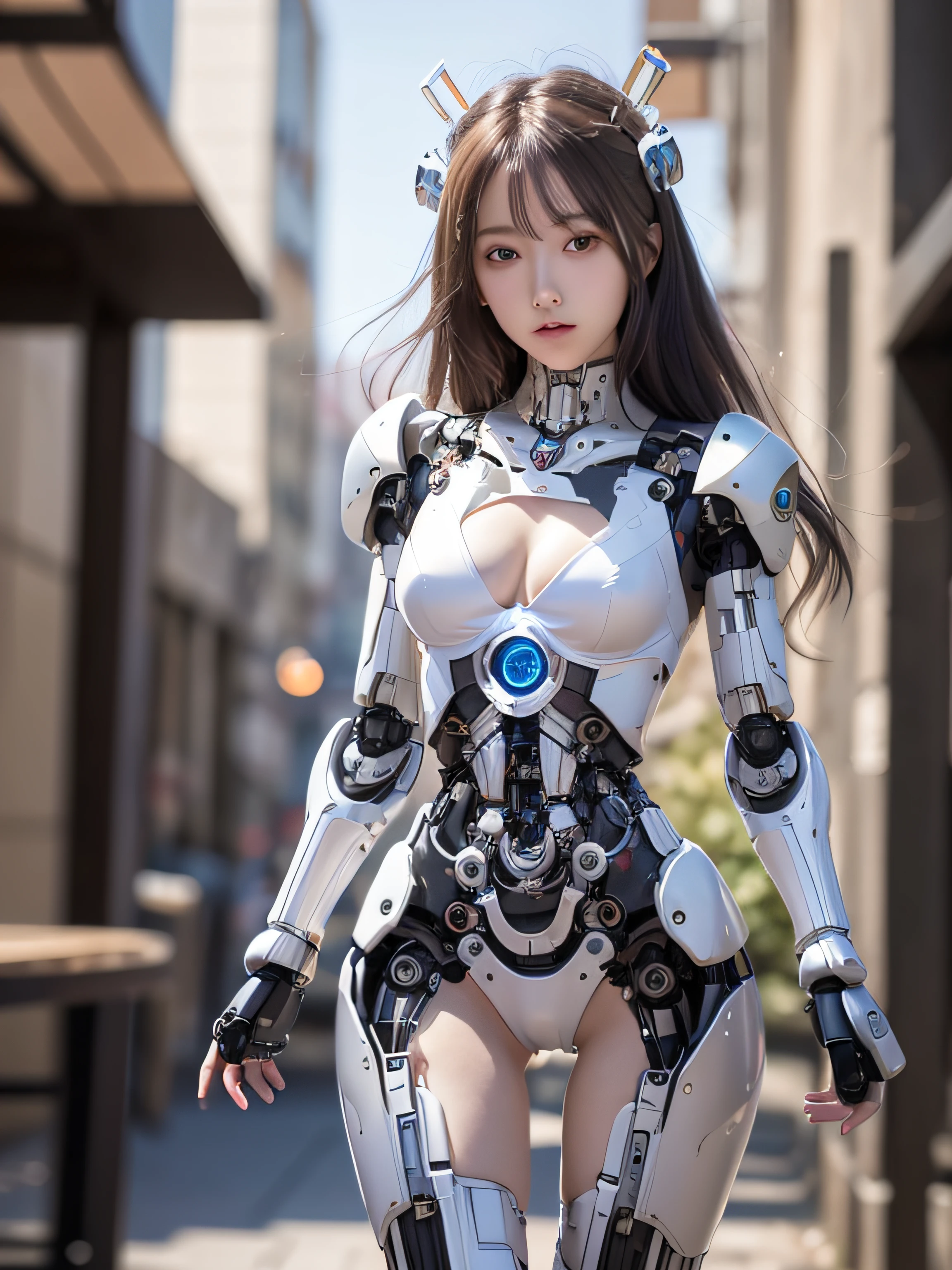 ((Robot Girl, mechs)), Glowing eyes, Delicate face, broken armor, Mechanical aura, Mechanical arm, Gray hair, Long hair, ceramic body, Thigh gap, tiny chest, cyber background, Very nice city, (translucent, reflection skin), 8K, Best Quality, Ultra-detailed, (surrealism: 1.4),