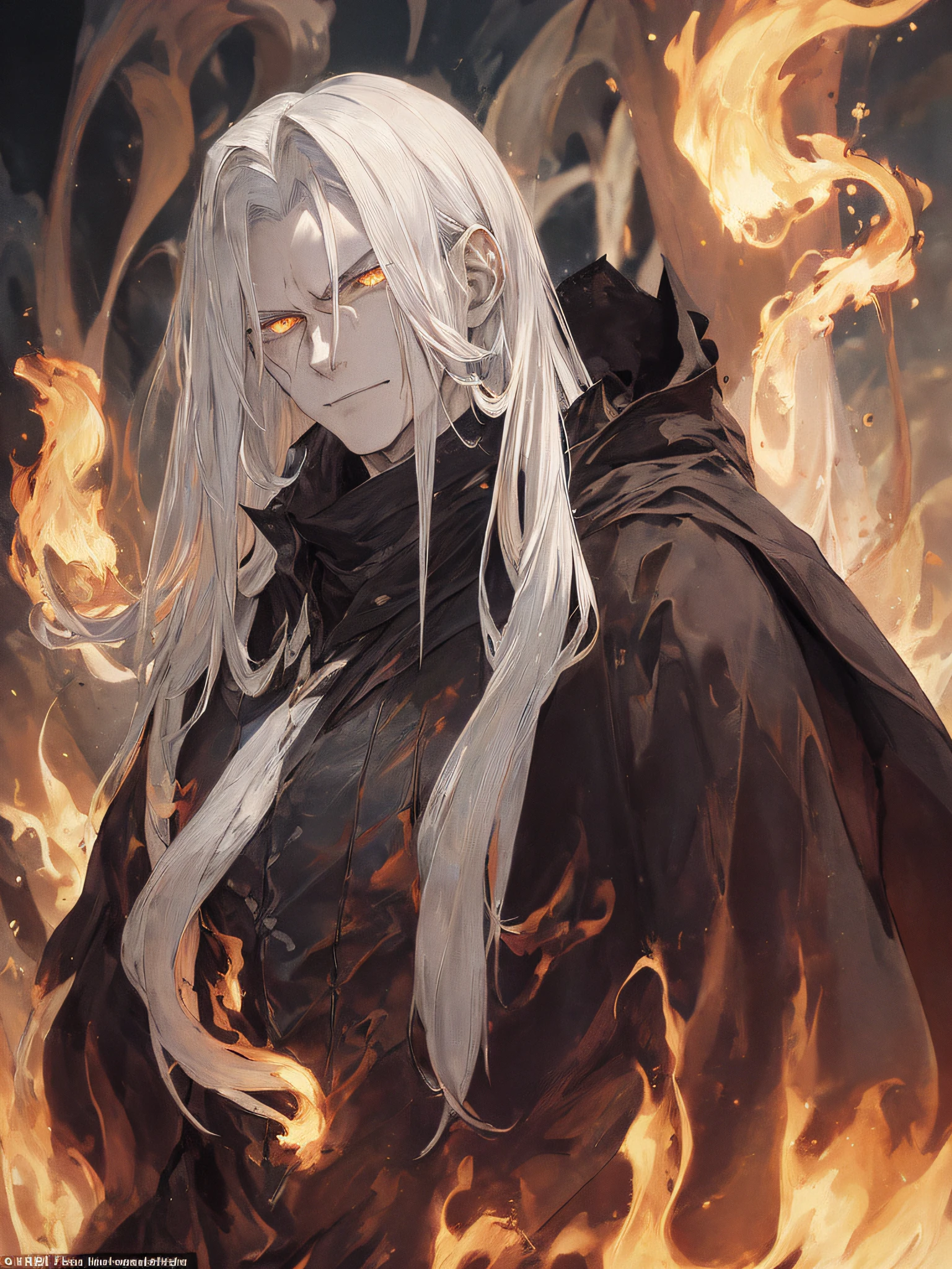 (masterpiece:1.2),dark aura,golden eyes,long silver hair,male,black cloak,sinister smile,strong and muscular build,exquisite details of facial features,smoke and fire effects,stormy night atmosphere,evil power surrounding him,glowing demonic symbols,ominous presence