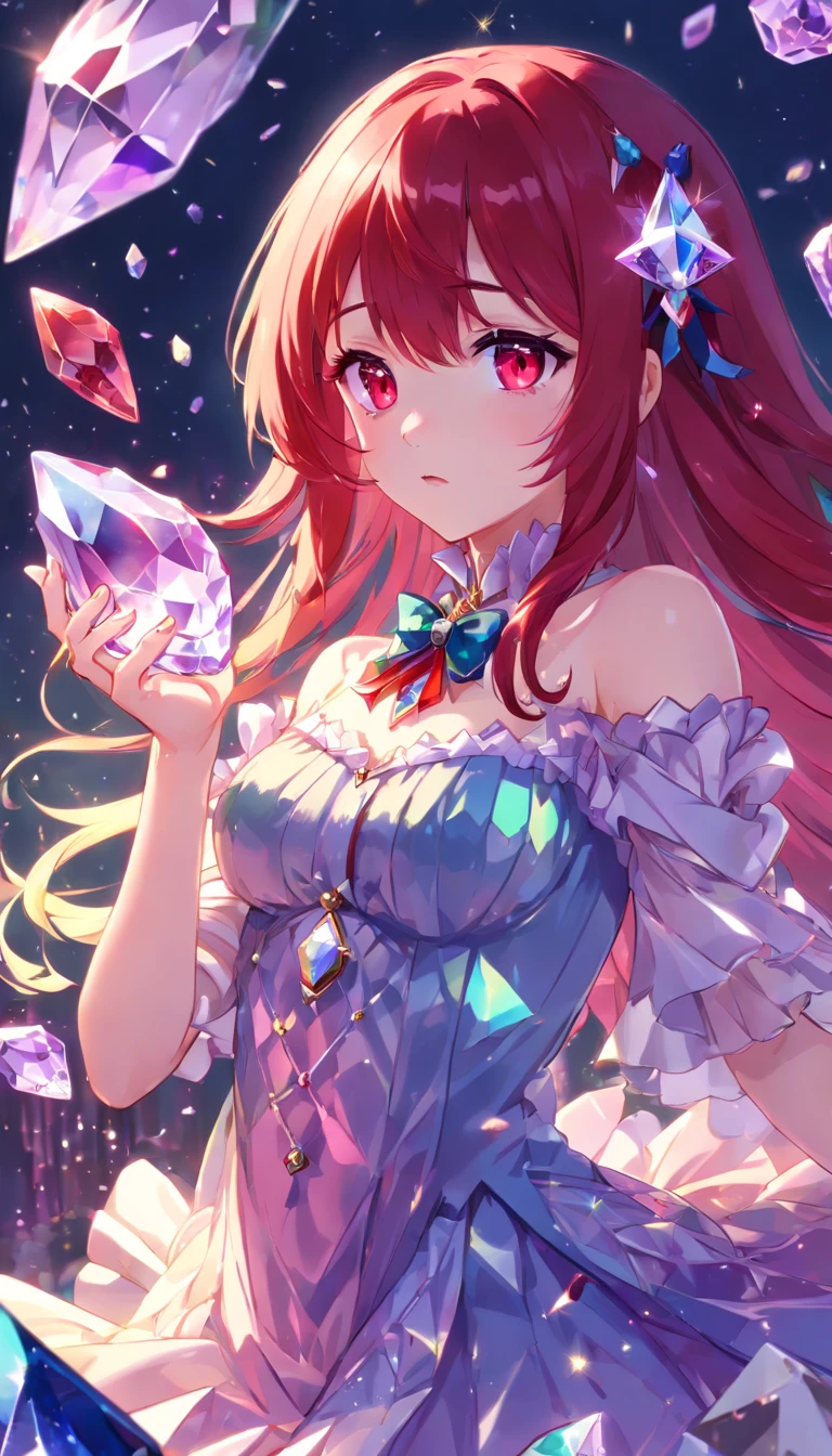 (((crystals texture Hair))),{{{{{Extremely detailed CG}}}}},{{8K_the wallpaper}},{{{{Crystalline purple gemstone gloves}}}},((Beautiful detailed glass hair)),((Glass shaped texture hand)),((crystallize texture body)),gem body,Hands as clear as jewels,crystallization of clothes,((crystals texture skin)),Sparkle, Lens flare, light leaks, Broken glass,{{{{detailed glass shaped clothes}}}}, ((Masterpiece)), (((Best quality))), ((Ultra-detailed)), ((illustration)), ((Disheveled hair)), ((frilld)), (1 girl), (Solo), Dynamic Angle, big top sleeves, Floating, beautiful detailed gemstone sky, gemstone sea, Beautiful detailed eyes, Overexposure, side blunt bangs, hairs between eyes, Ribbons, neck bowtie, macaron, Bare shoulders, (((Small breast))), Pleated skirt, crystals texture flowers, ((detailed crystallized clothing)),(gemstone of body),solofocus,{{{{{{{{Iridescence and rainbow hair:2.5}}}}}}},{{{{{{detailed cute anime face}}}}}},{{Loli}},{{{{{aquarelle_(mediating)}}}},(((Masterpiece))),(((clock))),(((Red))),(((Blood))),finedetail,Depth of field,Blood drop,Blood fog