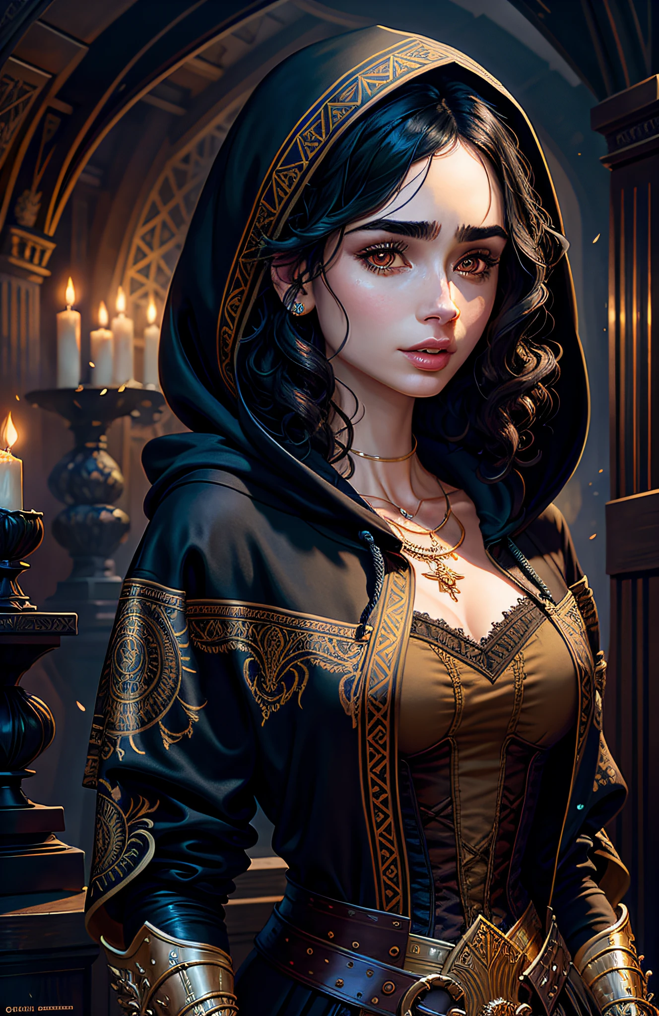 Lily Collins with curly black hair in a hoodie and wearing a medieval dress illustration is detailed, (detailed face), soft and bright, HD art by Greg Hildebrandt, Liu Citemer, Sejic Stjepan, Samyang, Aykut Aydogdu, Justin Gerard, Alphonse Mucha, Artgerm, WLOP and Greg rutkowski