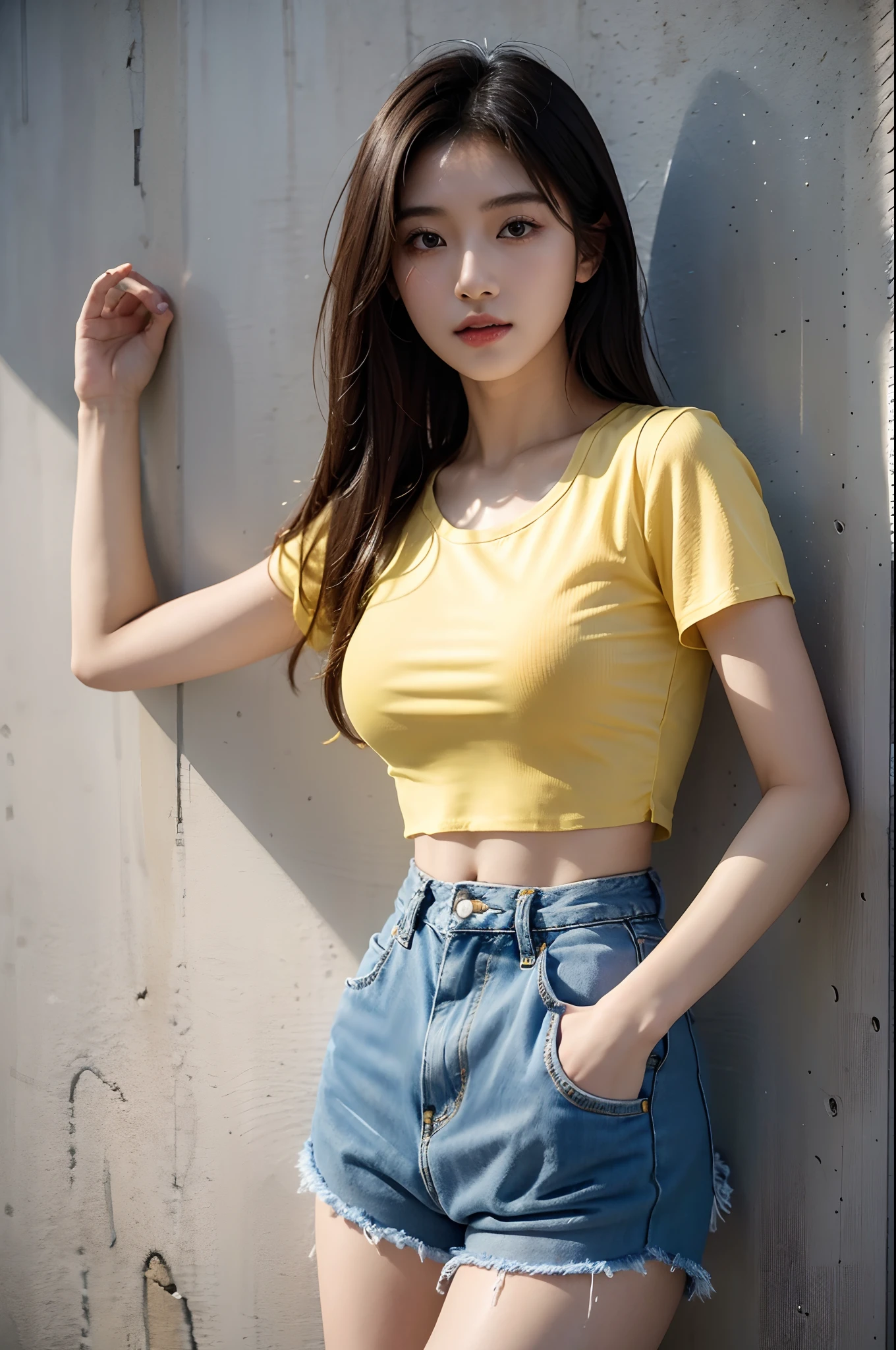 A woman in a yellow shirt and denim shorts leaning against a wall ...