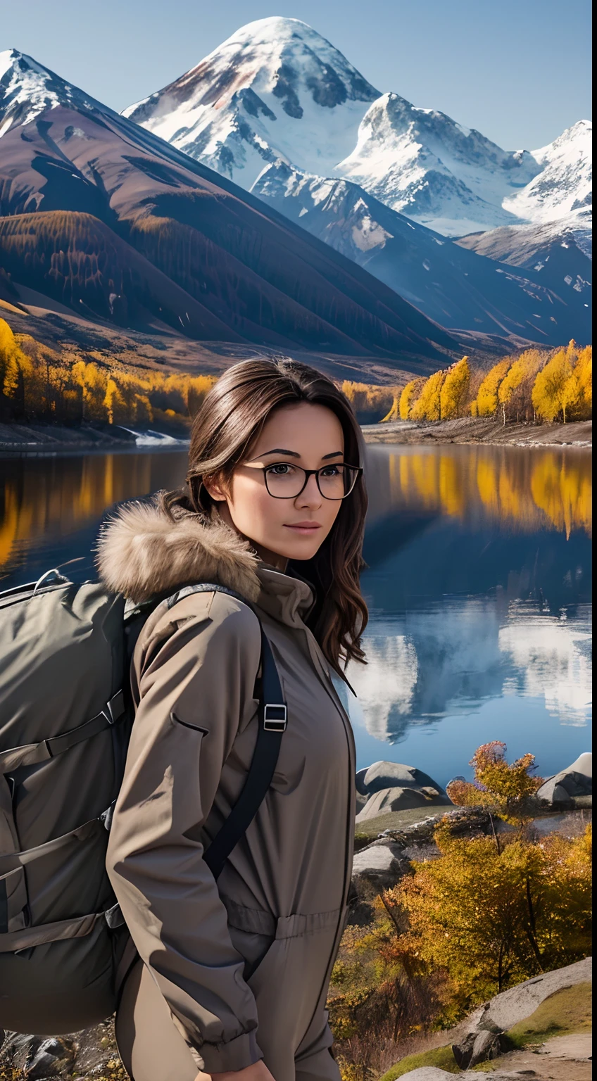 Pretty 30-year-old girl of European appearance; brown thick hair to the shoulder blades; Large dark brown eyes, long eyelashes; eyeglasses(Realistic brilliance); Energetic, Satisfied, Smooth natural tan; In professional tourism(ascent) outfit, Camping equipment(detailed overalls of an employee of the rescue service of the Ministry of Emergency Situations(Warm jumpsuit with fur shades of gray)),Durable, warm clothes, high orthopedic lace-up boots, An imposing bulky backpack for traveling on the back; strong wind, Bright maple leaves fly, hair fluttering in the wind, Nature of Kamchatka, Mountainous terrain, Highlands, Golden Autumn (The first snow); Full-length photo from afar(from a few meters from the girl)(A lot of ambient background); early morning, oblique rays of the sun; higly detailed, high quality textures, Realistic texture of human skin, Anatomical realism(Ultra-realistic human skin texture, natural folds, wrinkles, Natural shine)(Photographic realism of the face), Ultra-realistic fabric textures, Realistic wild untouched nature, photographically realistic landscape of the Kamchatka Peninsula;, Professional photography with a high-resolution film SLR camera with sensitive color reproduction, Professional panoramic photography for the cover of a tourist almanac, Focus on nature