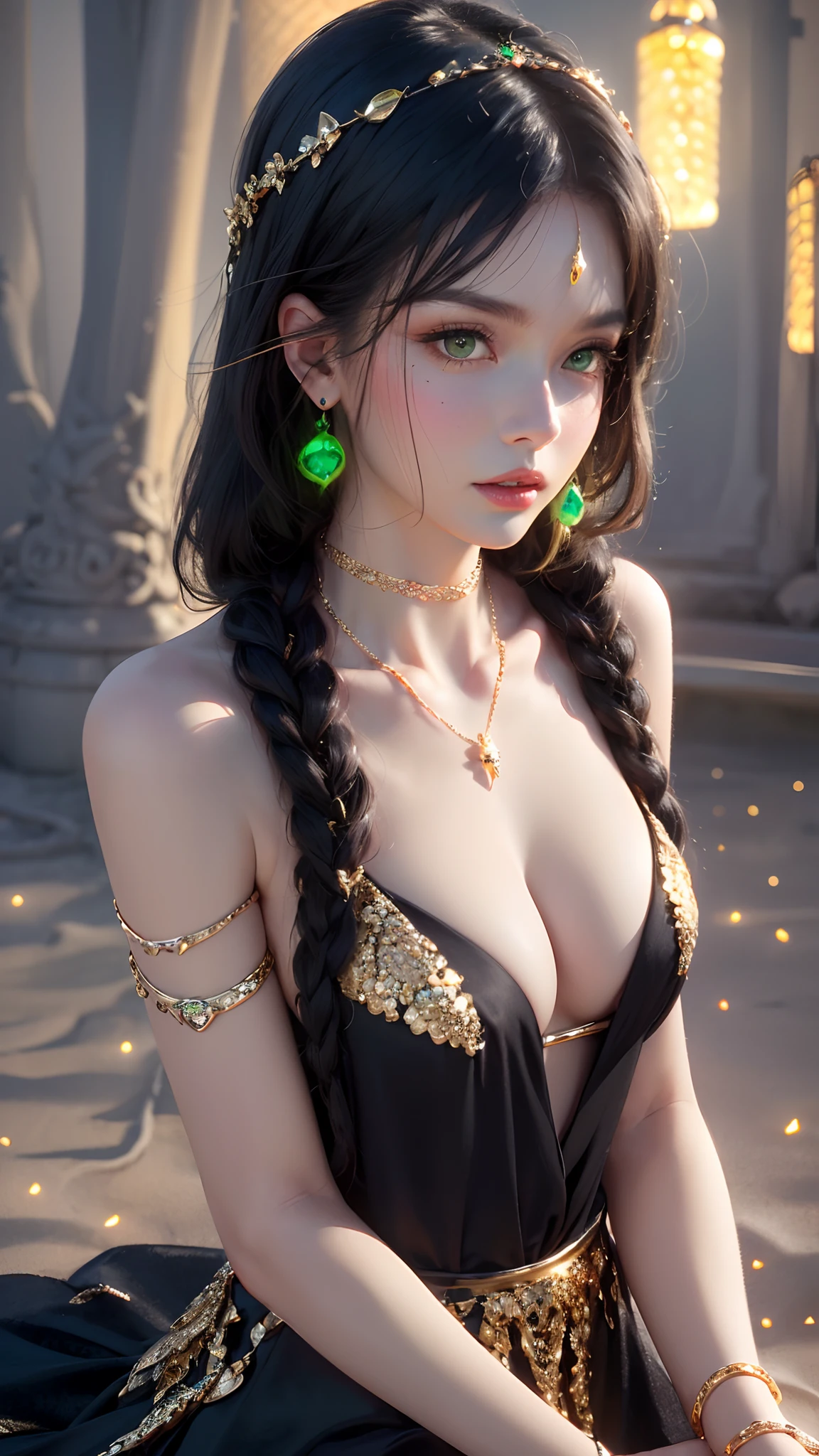 1 beautiful young princess, ((beautiful princess no longer a child:1.8)), ((wearing a black armored dress with gold trim in ancient hanfu style:1.6)), (((Exquisite patterns on the skirt:1.6))), ((braided hair with long black bangs: 1.6)), ((long bangs:1.6)), ((hair jewelry:1.9)), ((upper body gold jewelry:1.9)), ((Very delicate gold necklaces:1.7)), ((earrings with emeralds:0.8)), noble, noble style of an extremely beautiful girl, super cute little face, very pretty face, fur thin eyebrows, flawless beautiful face, ((black eye pupils: 0.8)), very beautiful eyes, ((green eyes eyes: 1.6)), beautiful makeup and detailed hairdo, eyelashes, eye makeup wet, high nose, earrings, red lips, ((closed mouth: 1;5 )) beautiful lips, slim hands, ((arms spread out to the sides: 1.7)), rosy face, clean face, flawless beautiful face, smooth white skin, firm breasts, nice cleavage, ((super big and round breasts: 1.6)), beautiful breasts, perfect body, ((Sit back and puff out your chest, arms behind you:1.6)), 8k photos, super high quality, super realistic, super 10x pixels, optical, bright studio, bright edges, two-tone lighting, (high detail skin:1.2), super 8k, soft lighting , high quality, volumetric light, optical, optical high resolution, light, best photo, 4k, 8k quality, blur effect, smooth sharpness, 10 x pixels, ((beach at night background:1.5)), aurora, lightning, super realistic graphics, most realistic graphics, alone, solo, Extremely sharp, surreal images, (((frontal portrait: 1.3)))."