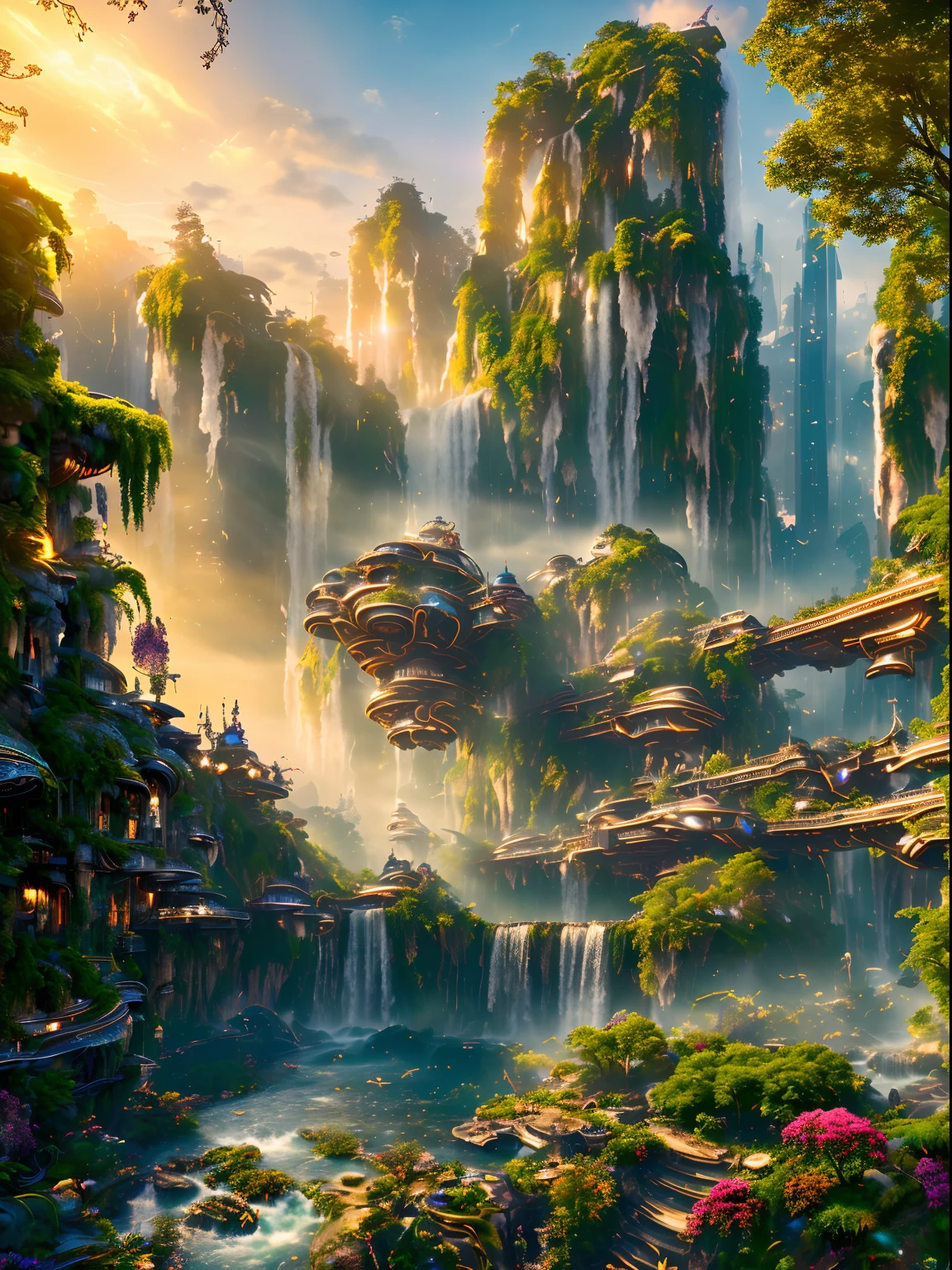 Science Fiction, Cities stempunk futuristic design large city, a artificial waterfall and a pond with colorful flowers in the middle, nature meets forest architecture, built inside dark forest, real nature, realistic image, steampunk technology, steampunk architecture, luxury architecture, realistic photography, epic and stunning, architectural visualization, epic architecture, 8k, higly detaiked and texture, ultra hd, ultra detailed, HDR style, rays light, golden hour