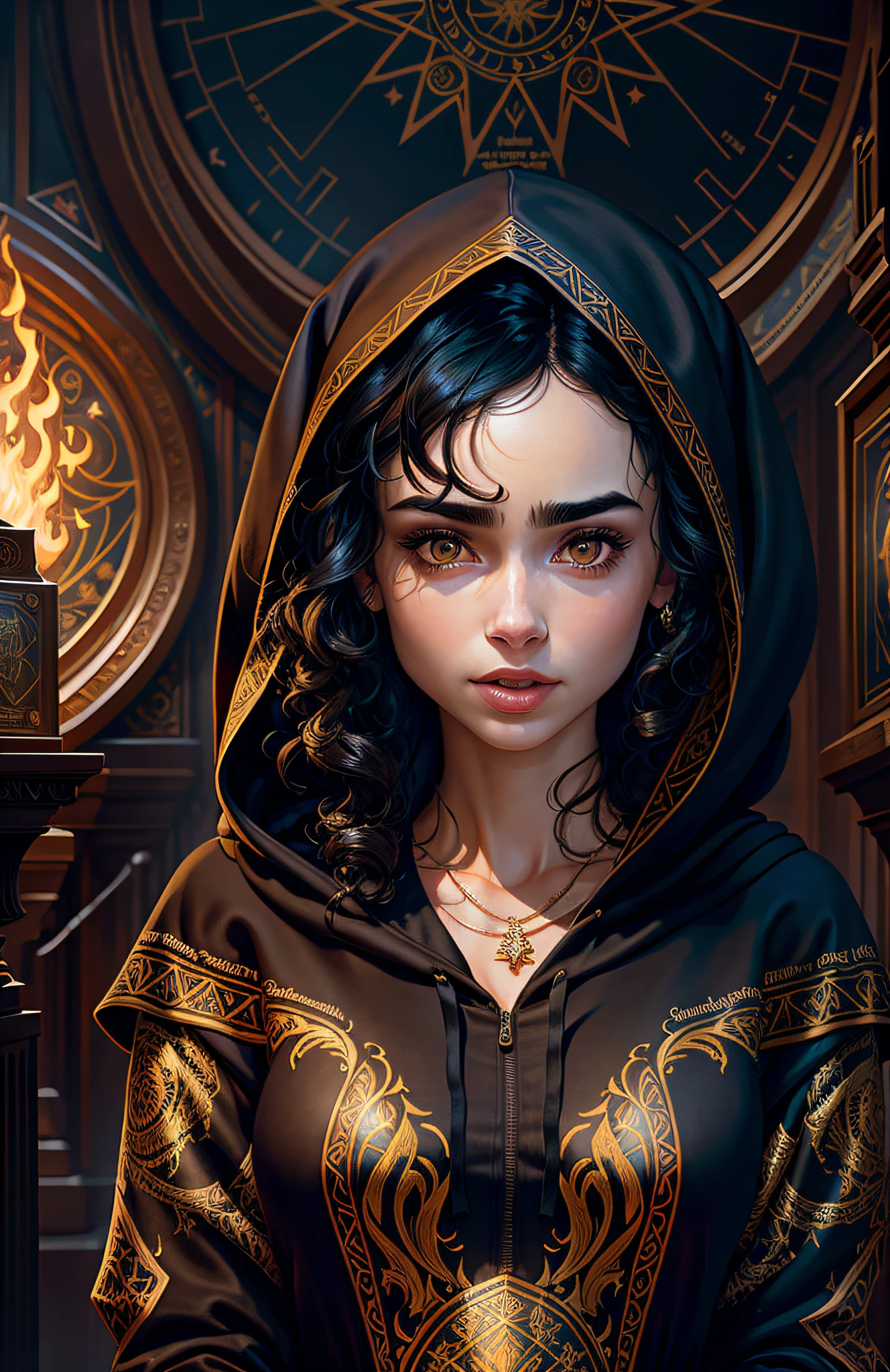 Lily Collins with curly black hair in a hoodie and wearing a medieval dress illustration is detailed, (detailed face), soft and bright, HD art by Greg Hildebrandt, Liu Citemer, Sejic Stjepan, Samyang, Aykut Aydogdu, Justin Gerard, Alphonse Mucha, Artgerm, WLOP and Greg rutkowski