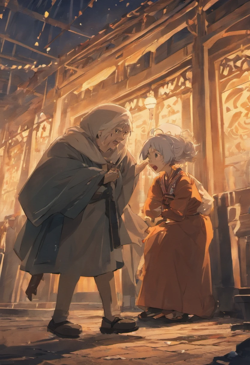 the man is helping an old woman that fell on the ground to stand up