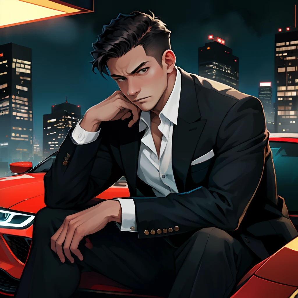 Absurd resolution, High resolution, (masutepiece: 1.4), Hyper-detailing, 1boy, Face Focus, Night, mature man, Successful people, Black Suit, Jacket, White shirt, Serious and cold expression, Sitting in a luxury car (1.3)