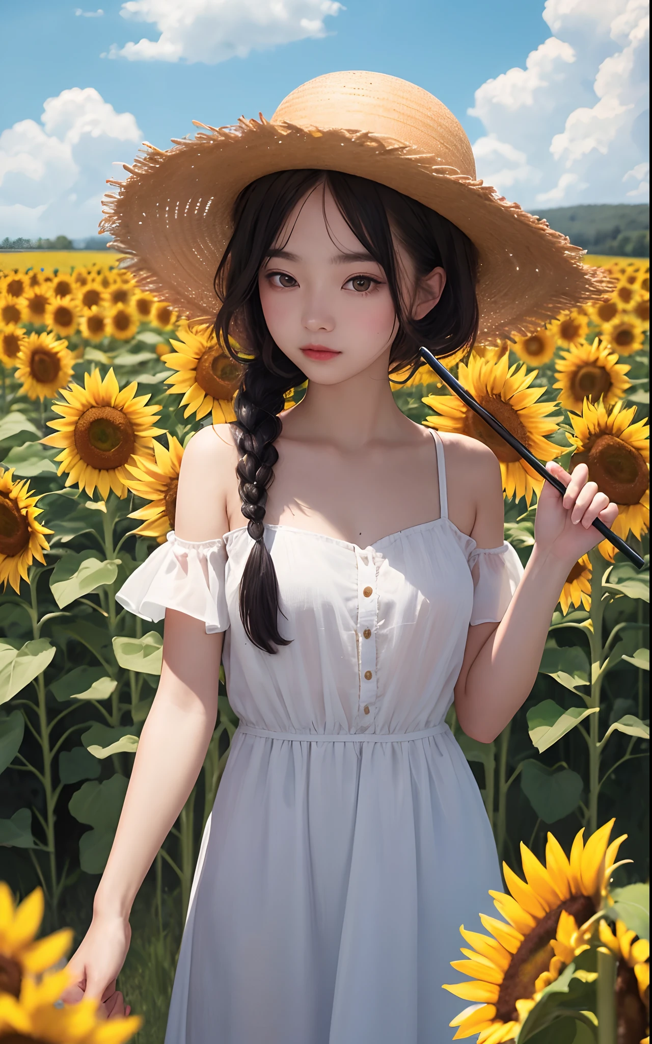 (4K quality, a masterpiece) A girl. He wears a sunflower straw hat and braids on his head. The background is a large field of sunflowers, rendered in oil painting style, with black hair in ultra high definition.
