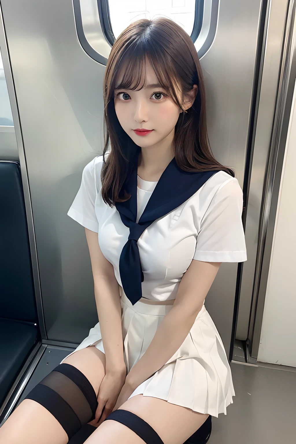 top-quality,ultra-detailliert,​masterpiece,realisitic,Photo Real,Bright lighting,1 girl in, Very beautiful 20 year old girl, (kawaii:1.2),Thin smile, (Brown eyes),(brown haired),(bangss),perfect glossy skin,flawless skin,((erotick,Sexy and sexually explicit)),((accurate hands without incongruity)), huge-breasted,big breasts thin waist, Look at viewers,((a sailor suit)),((Short sleeve uniform white shirt)),(red necktie),(Blue Mini Pleated Skirt),(((skirt lift by yourself))),(lifted by self),(Showing panties),panties on,panties focus,((Sit up,spread legswide)), sockes, (Black knee socks),(Loafer shoes), during daytime,On the train,Horizontal long seat with your back to the window