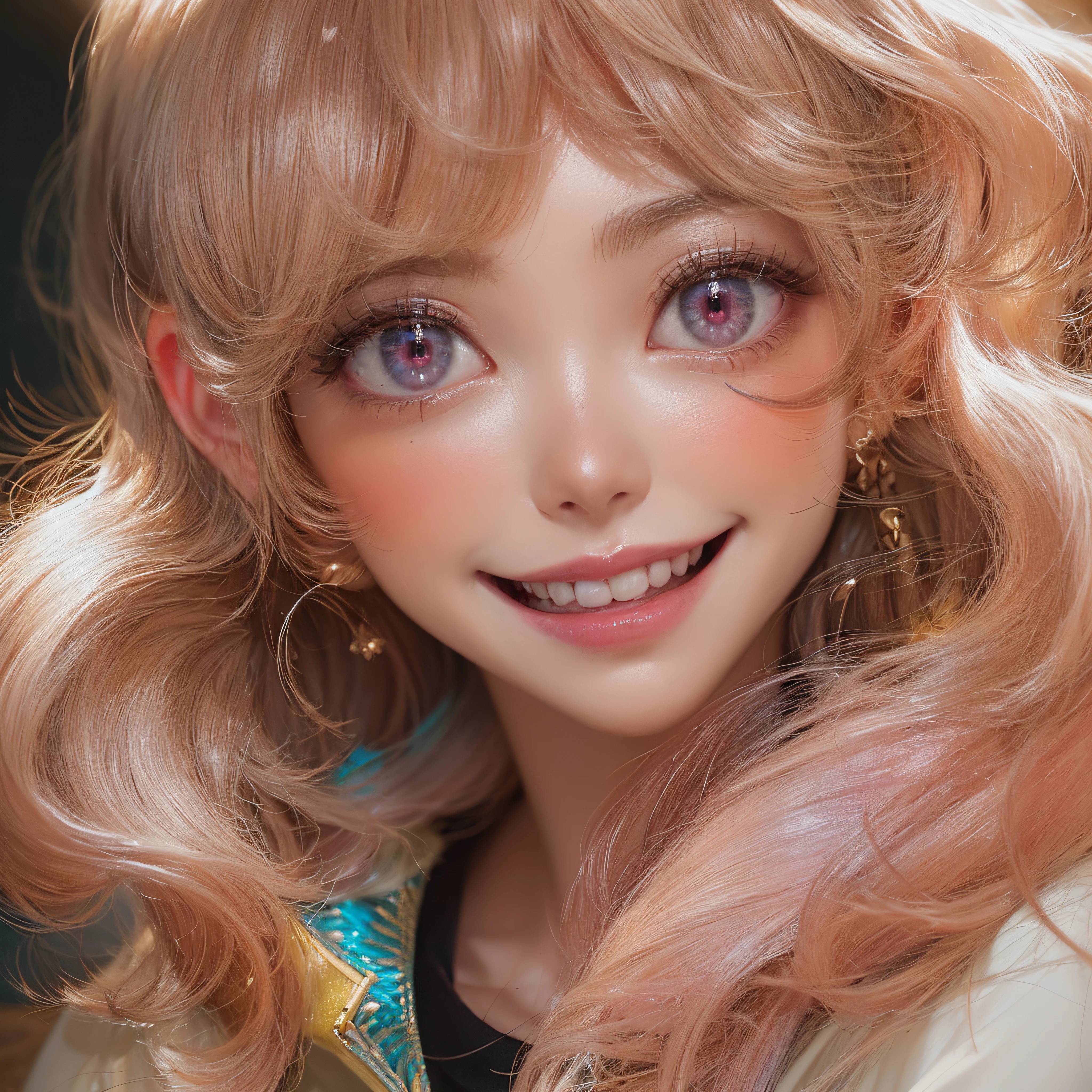 hug、Close up of two laughing faces、embracing each other、Stick your face together、Dark pink shorthair、Facing the front、Designer、super model、Pink makeup、Glossy lips、Shining eyes、(realisitic、hight resolution)、(1 girl in)、Do-Up Eye、Korean Girl、(Best Quality), (masutepiece), (1girl in), Solo, a beauty girl, Perfect face, Highly detailed airbrush art((Surreal))、Volumetric lighting、(top-quality)、The ultra-detailliert、Highly detailed colorful details、(Bright lighting)、Her eyes are glowing pink、Her face is full of anticipation and courage for adventure.、A smile comes to her lips、An air full of smiles and adventurous spirit、Hot Hot