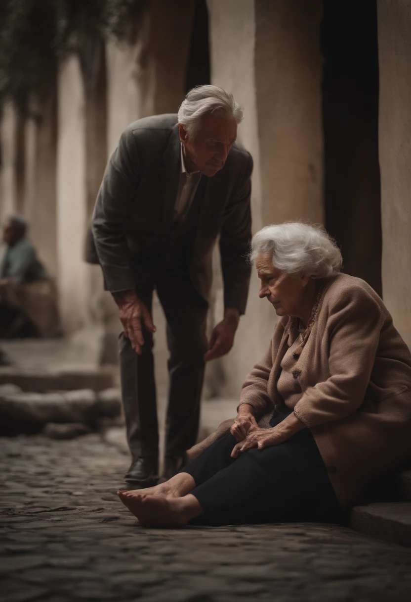 the man is helping an old woman that fell on the ground to stand up