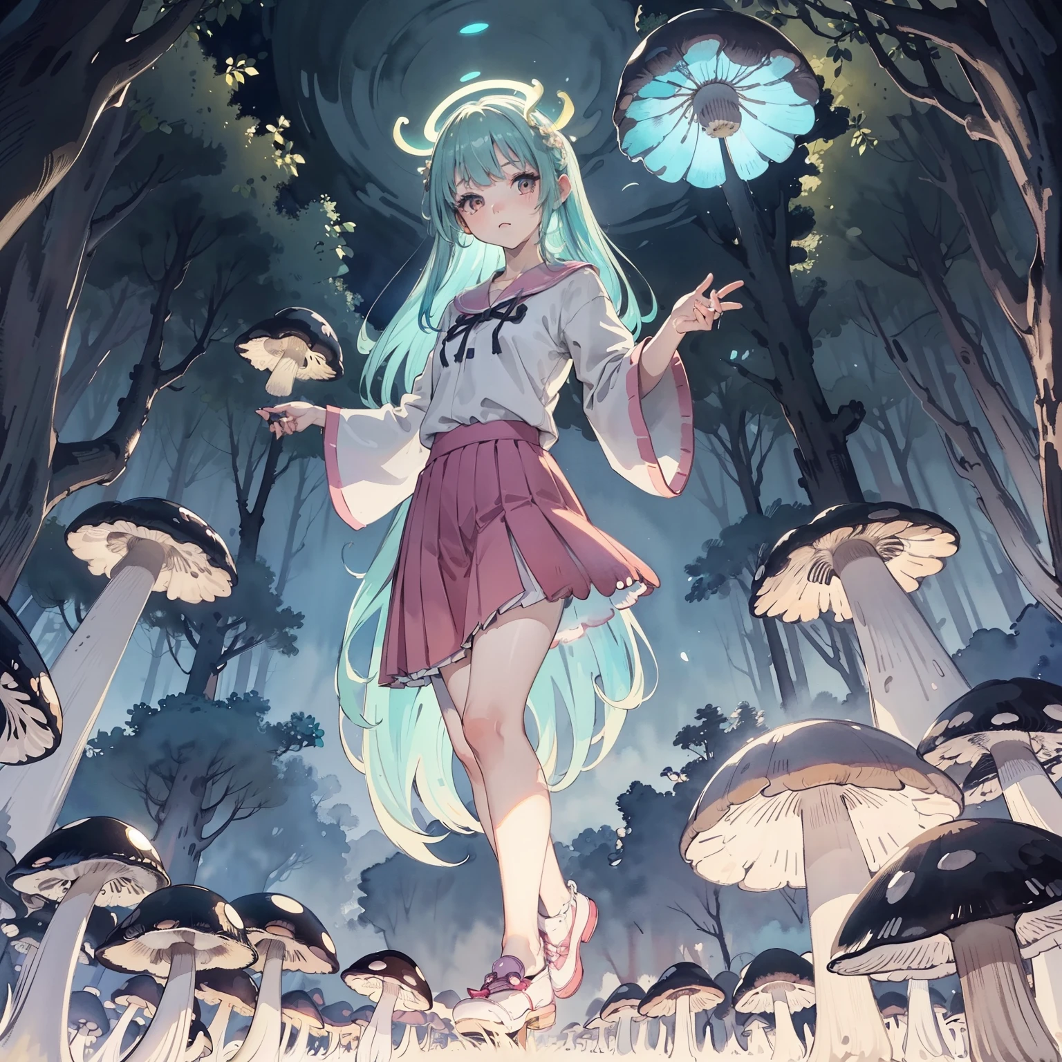 Beautiful and aesthetic,, Solo,Cute,colorfulhair,pleatedskirt，Dance，Cogumelos，Mushrooms，Huge mushrooms，spore，(glowing ambiance, enchanting glow, luminouslighting, Ethereal atmosphere,Watercolor illustration, Perfect anatomy, Masterpiece, Best quality, 1girll, li,eature, landscape