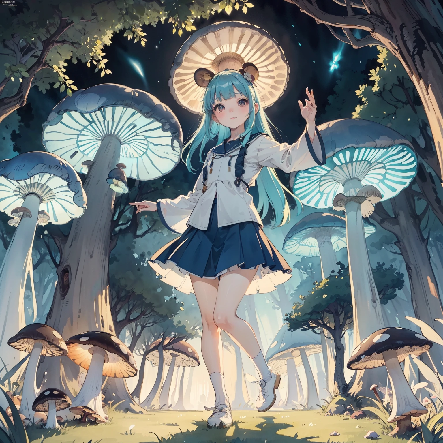 Beautiful and aesthetic,, Solo,Cute,colorfulhair,pleatedskirt，Dance，Cogumelos，Mushrooms，Huge mushrooms，spore，(glowing ambiance, enchanting glow, luminouslighting, Ethereal atmosphere,Watercolor illustration, Perfect anatomy, Masterpiece, Best quality, 1girll, Loli,elementary student,Nature, landscape