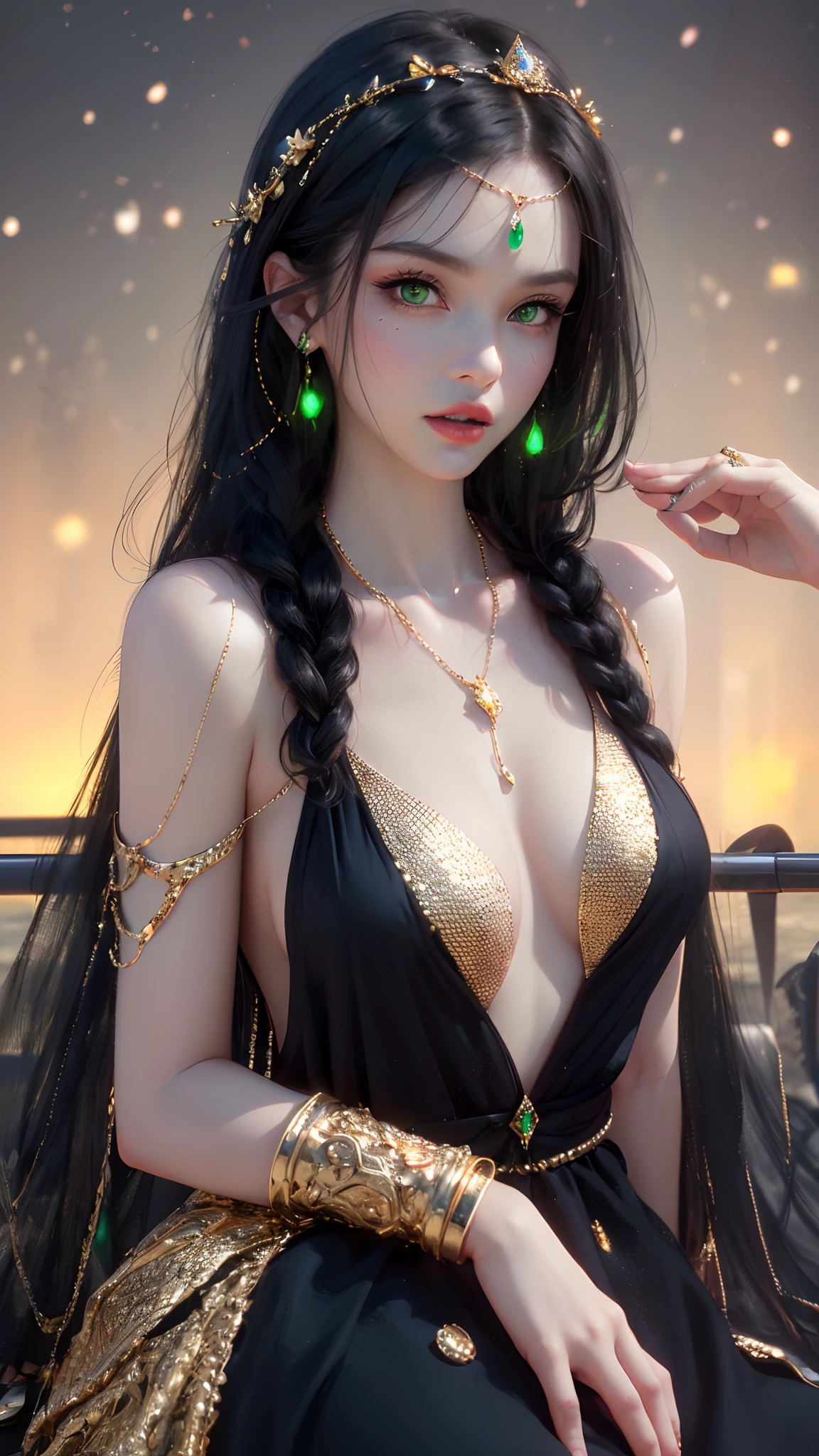 1 beautiful young princess, ((beautiful princess no longer a :1.8)), ((wearing a black armored dress with gold trim in ancient hanfu style:1.6)), (((Exquisite patterns on the skirt:1.6))), ((braided hair with long black bangs: 1.6)), ((long bangs:1.6)), ((hair jewelry:1.9)), ((upper body gold jewelry:1.9)), ((Very delicate gold necklaces:1.7)), ((earrings with emeralds:0.8)), noble, noble style of an extremely beautiful girl, super cute little face, very pretty face, fur thin eyebrows, flawless beautiful face, ((black eye pupils: 0.8)), very beautiful eyes, ((green eyes eyes: 1.6)), beautiful makeup and detailed hairdo, eyelashes, eye makeup wet, high nose, earrings, red lips, ((closed mouth: 1;5 )) beautiful lips, slim hands, ((arms spread out to the sides: 1.7)), rosy face, clean face, flawless beautiful face, smooth white skin, firm breasts, nice cleavage, ((super big and round breasts: 1.6)), beautiful breasts, perfect body, ((Sit back and puff out your chest, arms behind you:1.6)), 8k photos, super high quality, super realistic, super 10x pixels, optical, bright studio, bright edges, two-tone lighting, (high detail skin:1.2), super 8k, soft lighting , high quality, volumetric light, optical, optical high resolution, light, best photo, 4k, 8k quality, blur effect, smooth sharpness, 10 x pixels, ((beach at night background:1.5)), aurora, lightning, super realistic graphics, most realistic graphics, alone, solo, Extremely sharp, surreal images, (((frontal portrait: 1.3)))."