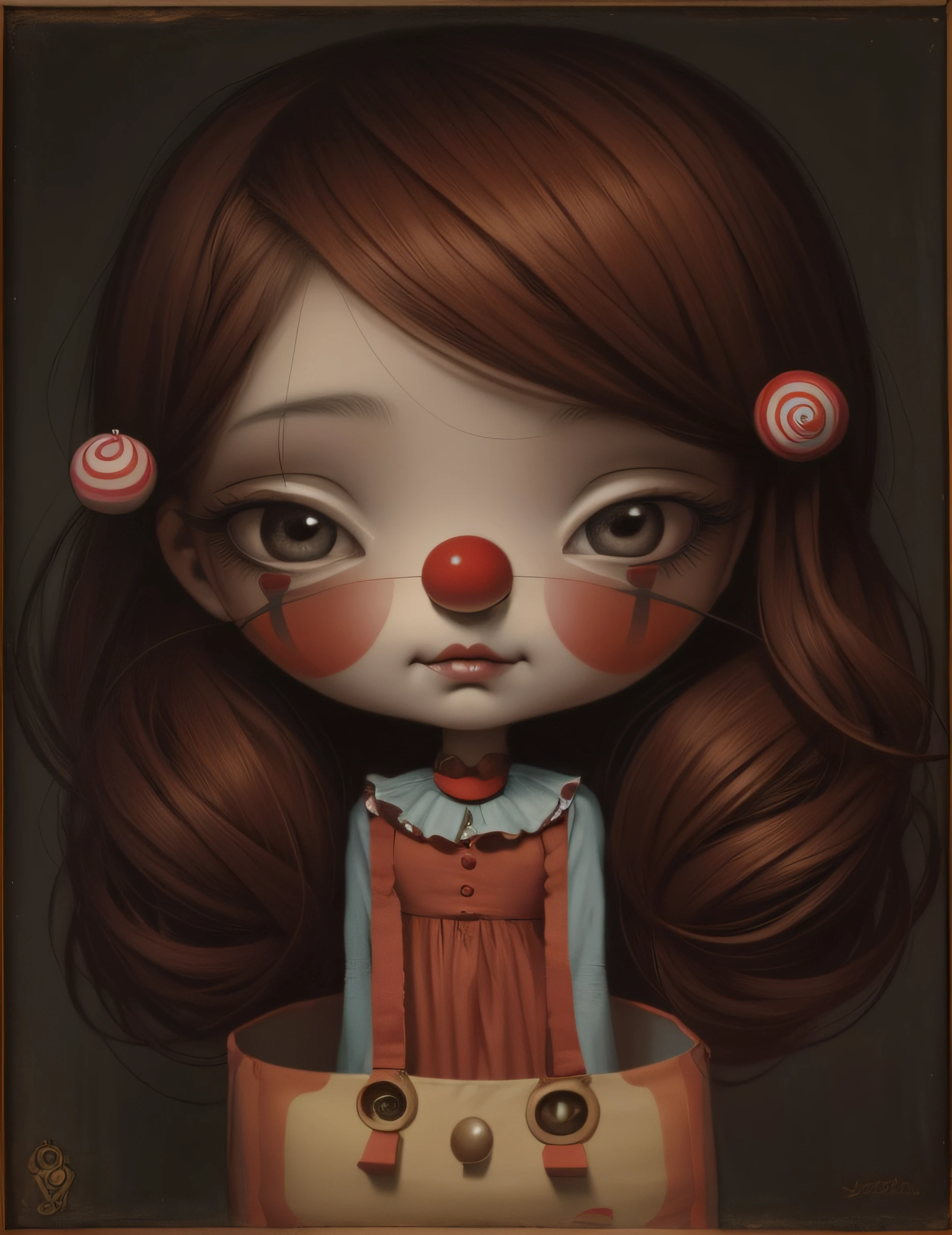 Painting of a girl with a clown nose and a clown dress, inspirado por Mark Ryden, !!!Esao Andrews!!!, Estilo de Mark Ryden, Surrealismo pop lowbrow, Mark Ryden muy detallado, Estilo Mark Ryden, por Mark Ryden, por Nicoletta Ceccoli, Surrealismo pop Lowbrow Art Style, Inspirado en Nicoletta Ceccoli