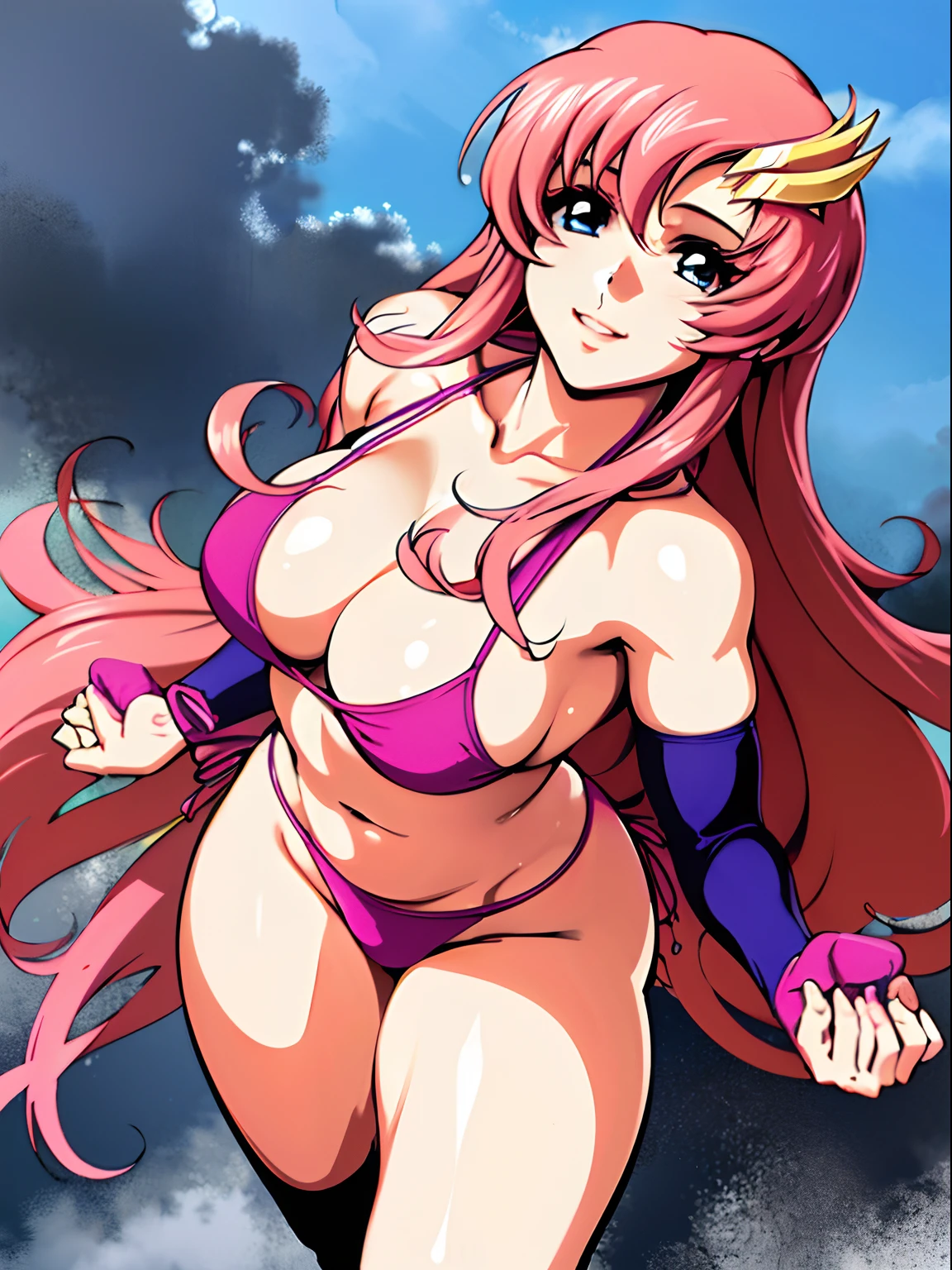 (masterpiece, upper body view, from above, 4K, Best Quality, Anime style: 1.9, , tall, Adult Woman, ultra detailed face, (cloud background, wrestling), Drawing lines, high resolution, Anime, lacus4), 1girl, Solo, curvy figure, Long hair, 鎖骨, scapular, (Detailed wide hair bangs, Hair Ornament, Detailed reddish-pink hair, golden crest), cleavage, large hands, (female wrestler). (Big blue eyes, shiny eyes), ((hands on knees, broad shoulders)), ((perfect proportions, medium breasts, long belly)), (((bikini, pink wrestling gear))), happy, smile, (standing, looking at the viewer)