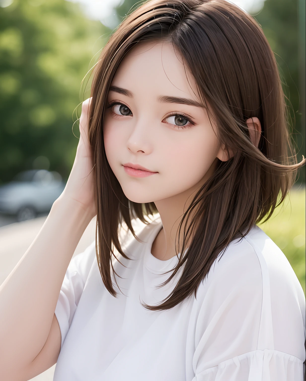 Best Quality, Photorealistic, 8K, hight resolution, fulcolor, 1girll, Woman, 20yr old female, (Closed mouth:1.73), with a pure white background,Bring skin care products closer to the cheeks,With fair skin,semi transparent, view the viewer:1.8, (1girl eyes looking at viewer:1.55), (Medium Hair, brown haired, parted hair:1.45), (Bokeh),