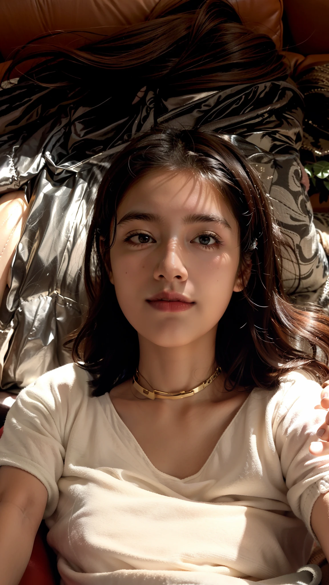 1girl,sitting on a cozy couch,crossing legs,soft light