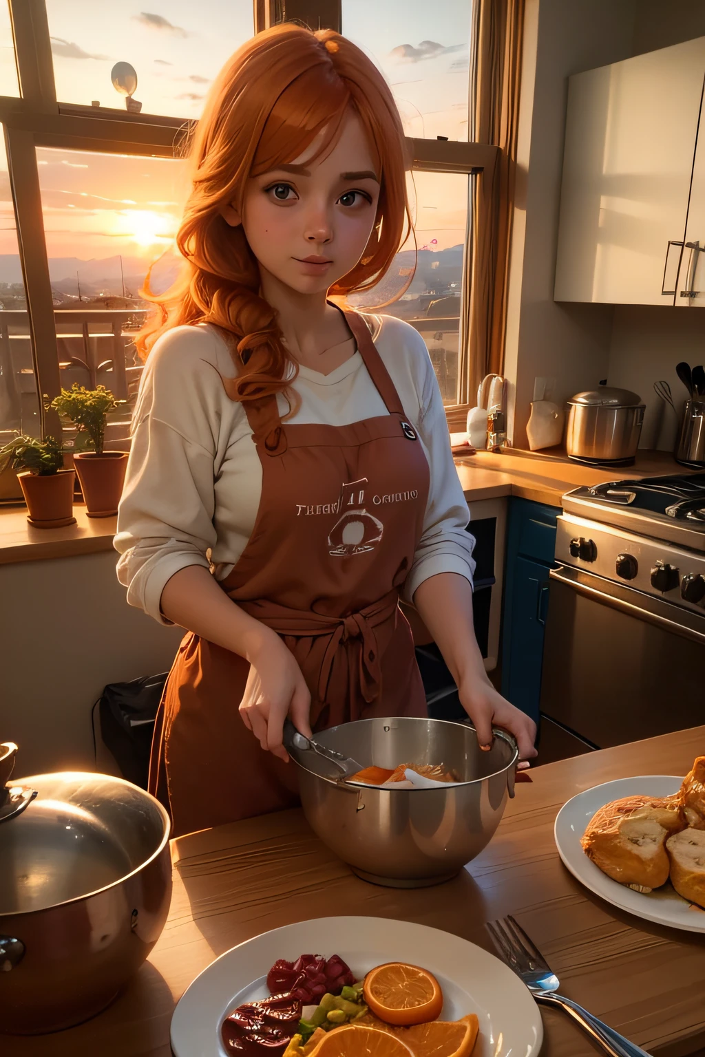 sophia garcia, 20 year old orange haired Turkish woman, preparing breakfast at kitchen, cozy home clothes. mixing bowl, sunset from windows.