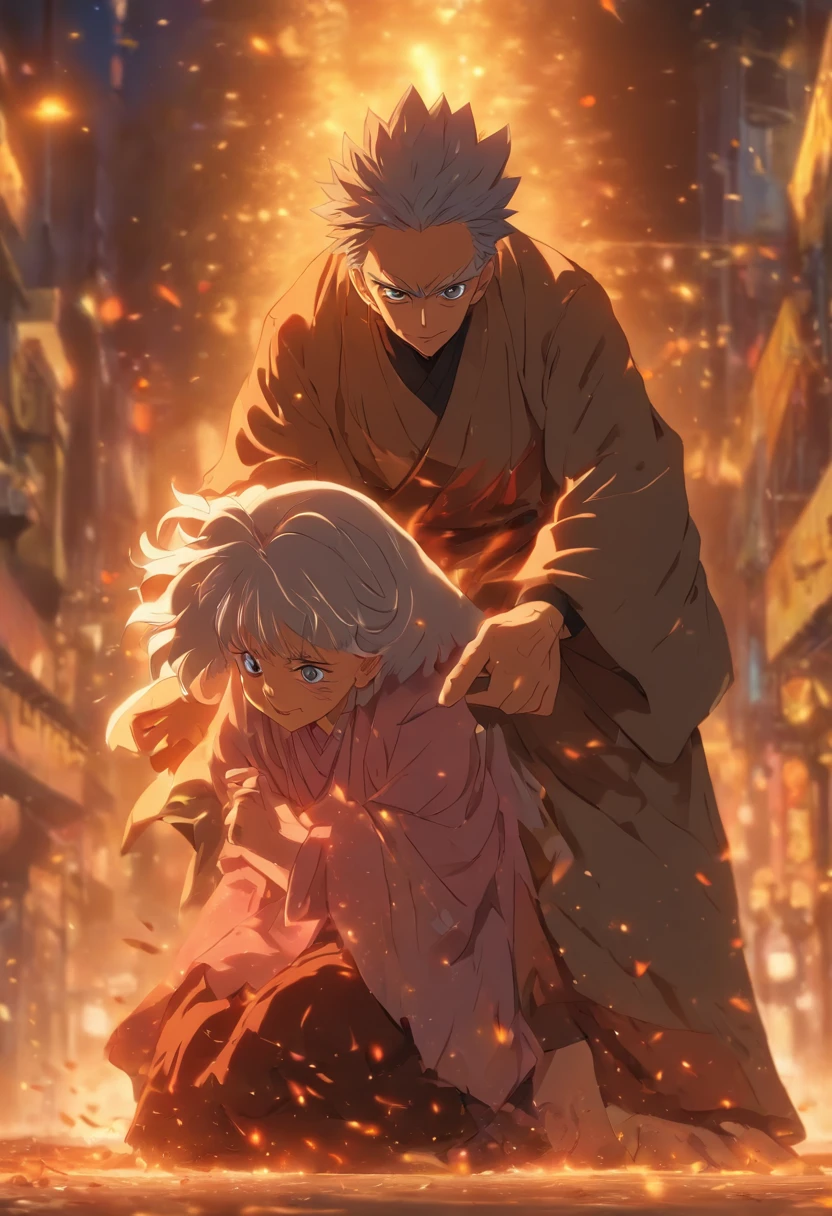 the man is helping an old woman that fell on the ground to stand up