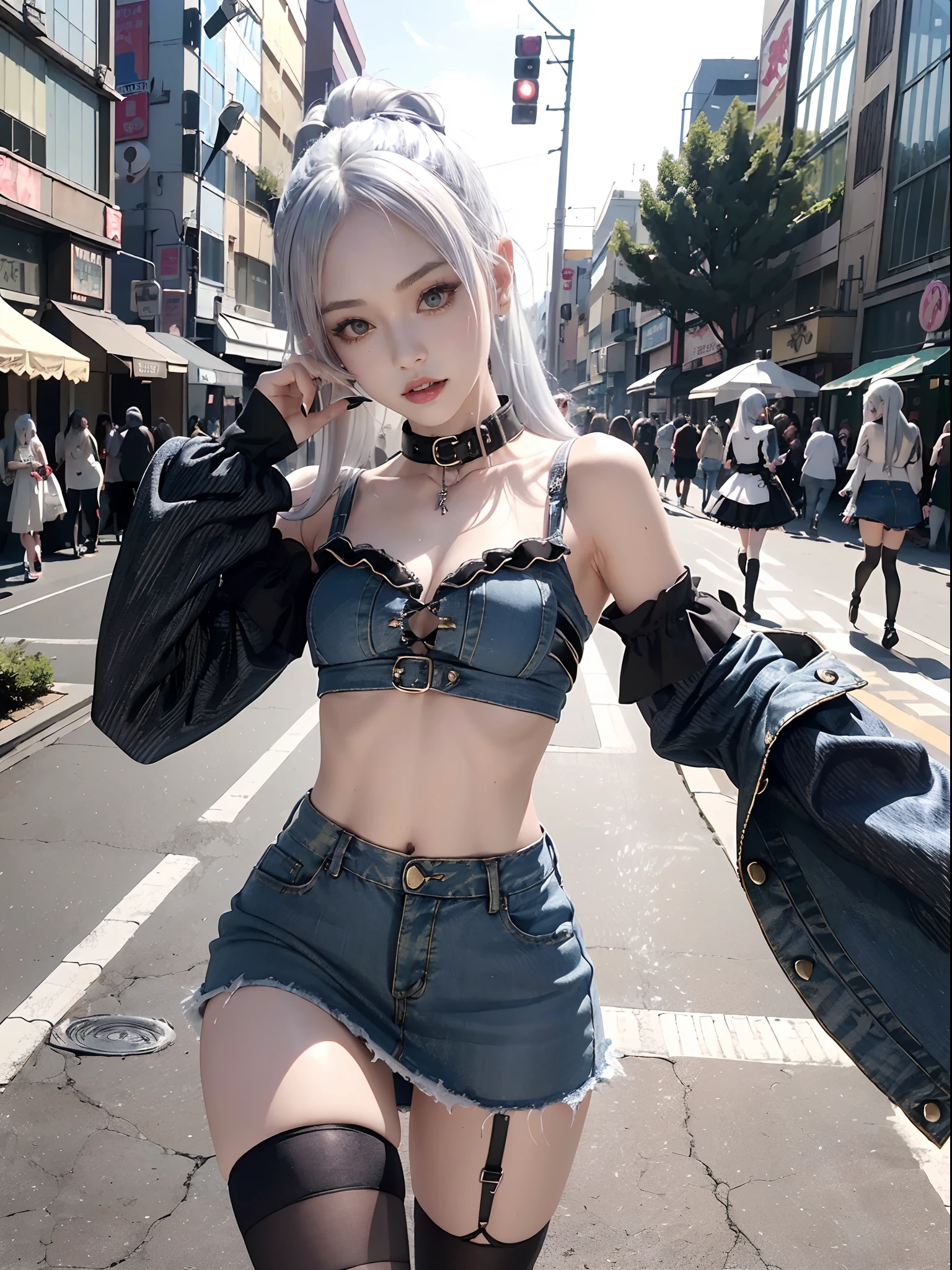 (Show your teeth and smile:1.3),(Shibuya Gal:1.5)、(Gothloli style fashion:1.5)、(Punk rock visual kei:1.4)、(Medieval aristocratic miniskirt dress in denim and black:1.5)、(Denim High Heels:1.3)、(collars:1.3)、(Underwear is striped:1.5)、20yr old、NSFW、((top-quality、in 8K、masterpiece:1.3))、Crisp focus:1.2、(layers-Cut、Colossal tits:1.1),Beautiful woman with perfect body shape:1.4、(Dancing hard:1.3)、Slender Abs:1.2、Highly detailed facial and skin texture、A detailed eye、二重まぶた,(Twin-tailed:1.3)、(Platinum Hair:1.4)、hposing Gravure Idol、(The background is a park:1.3)、(Slim body:1.2),(Slim legs:1.4),(鎖骨:1.1)
