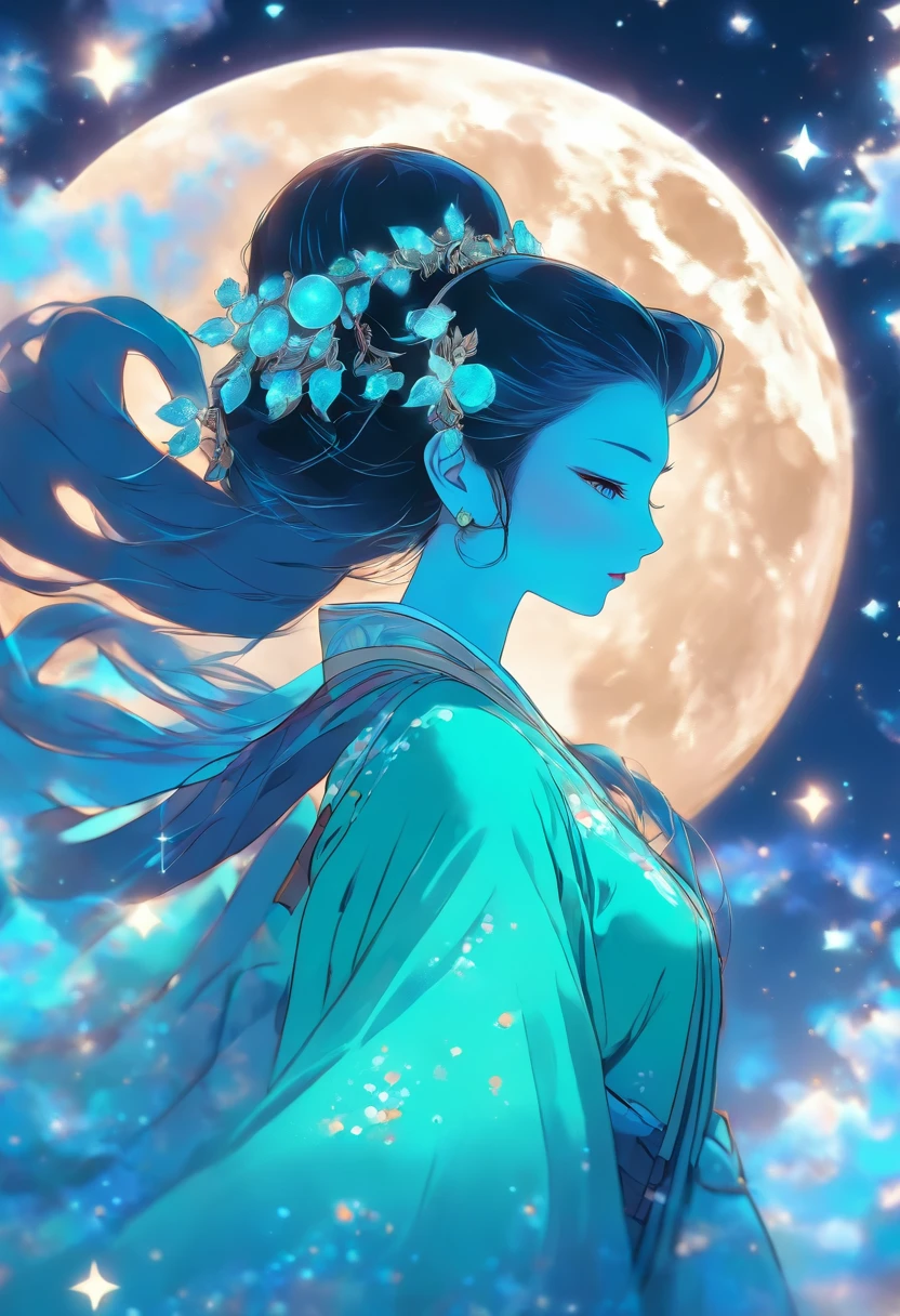 a woman wearing Hanfu flying to the moon, long hair, in the style of feminine sticker art, cyber style, dark blue and dark aquamarine, nightcore, silhouettes in space, transparent/translucent medium, shaped canvas, flowing silhouettes