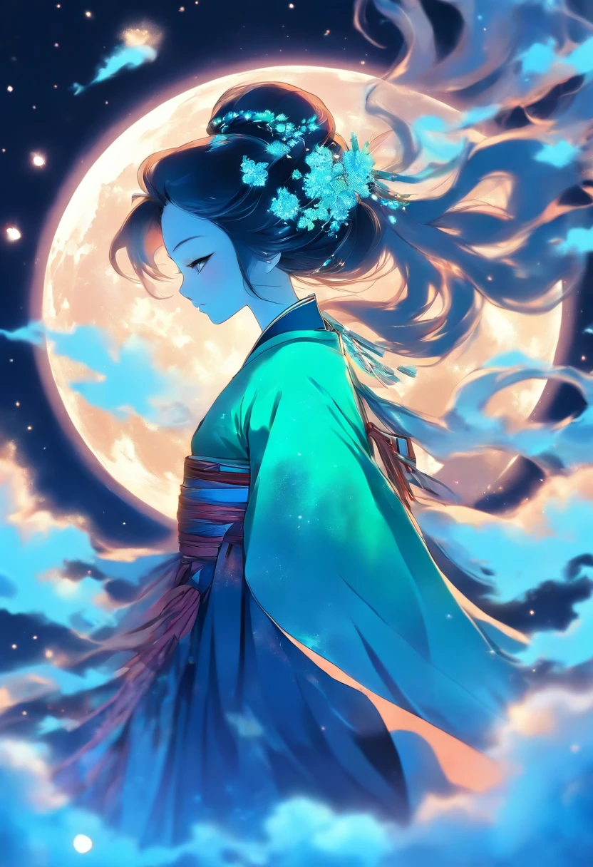 a woman wearing Hanfu flying to the moon, long hair, in the style of feminine sticker art, cyber style, dark blue and dark aquamarine, nightcore, silhouettes in space, transparent/translucent medium, shaped canvas, flowing silhouettes