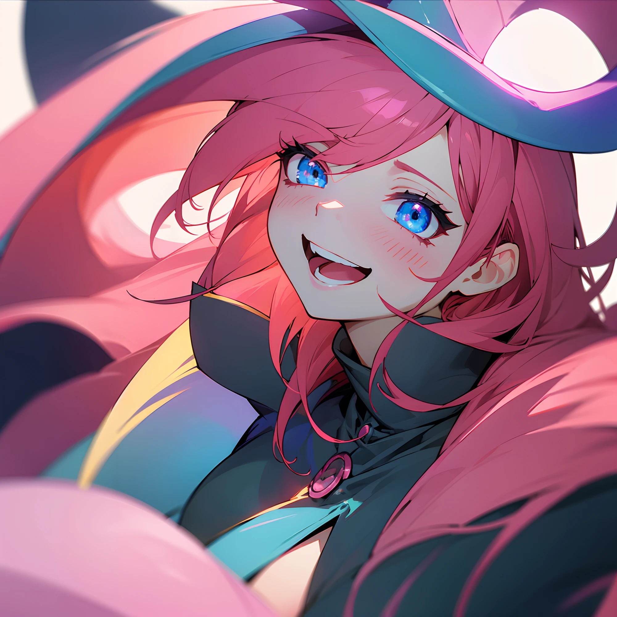 Dark Magician Girl、1 person、(highly detailed back ground:1.0)、(highly detailed back ground:1.0)、masterpiece、top-quality、超A high resolution、8K、Cruising Up、frombelow、looking in camera、(1/2 pink and 1/2 Bright red hair)、BREAK、Detailed skin、glowy skin、(Detailed eyes、Blue eyes)、Burning cheeks、(Laughing:1.4)、Large breasts