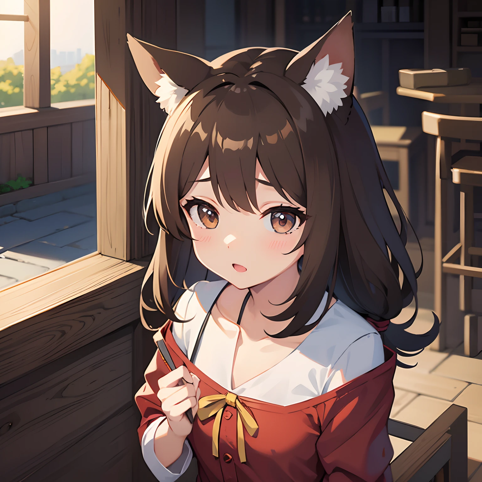 Canine ears、a beauty girl、Brown hair、Long、Tsundere、cute little、gargantilha