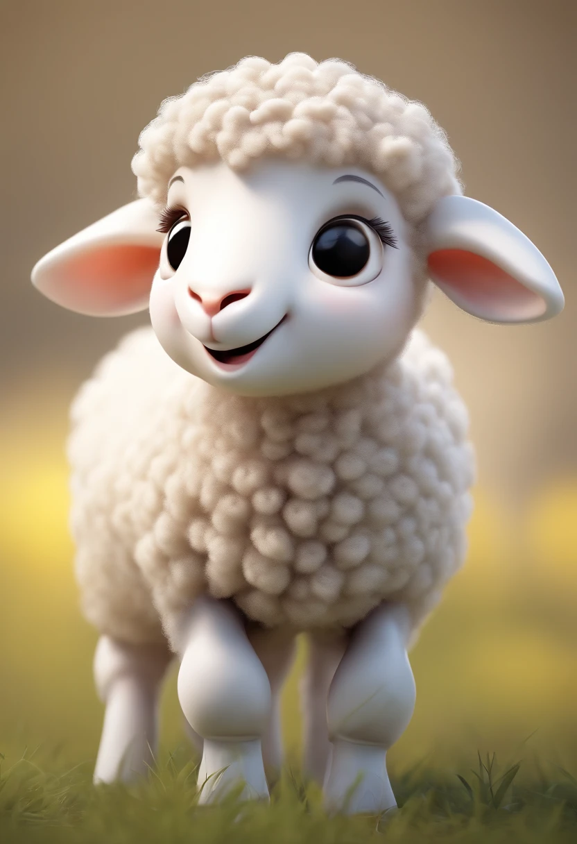  sheep, littte guy smiling, wide smile, very big and bright eyes, cute, tender look, minimalist drawing style, 3D rendering