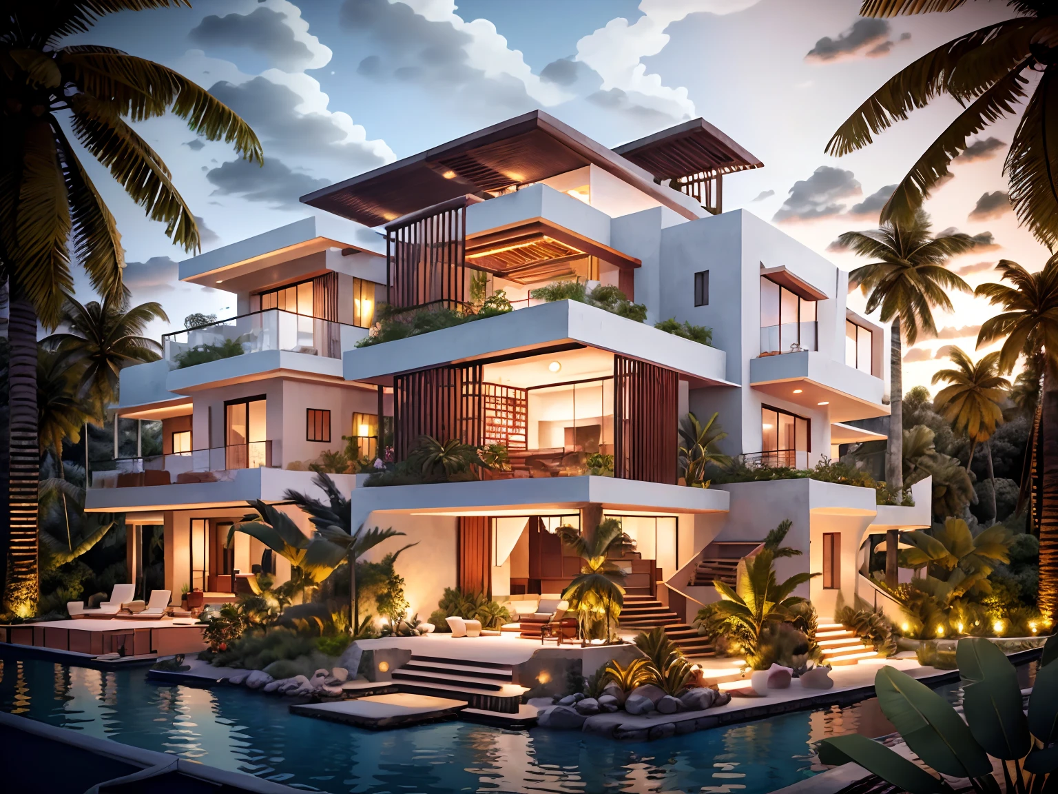 Boho house, luxury beach front Caribbean luxury villa, glass open space loft villa with roof garden, modern, dynamic (RAW photo, real, best quality, masterpiece:1.2), (hyper realistic, photo-realistic:1.2), high quality, (dark lighting:1.2), perfect lighting, archdaily, architecture digest award wining sustainable architecture, cinematic
