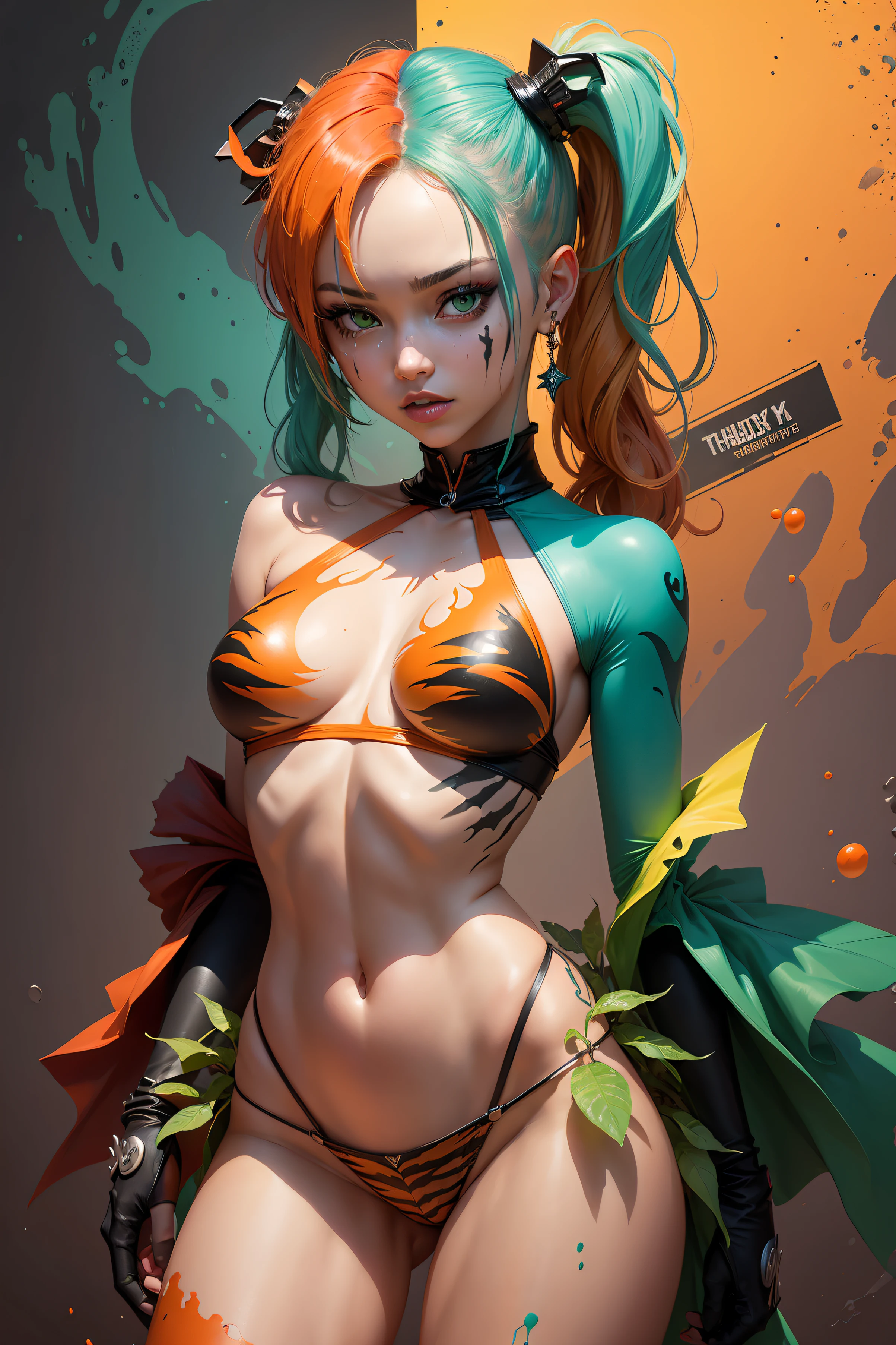 (masterpiece:1.1), (highest quality:1.1), (HDR:1.0), Harley Quinn-extreme quality, cg, (negative space), detailed face+eyes, 1girl, (plants:1.18), (fractal art), (bright colors), splashes of color background, colors mashing, paint splatter, complimentary colors, neon, (thunder tiger), compassionate, electric, limited palette, synth wave, fine art, tan skin, upper body, (green and orange:1.2), time stop, sy3, SMM