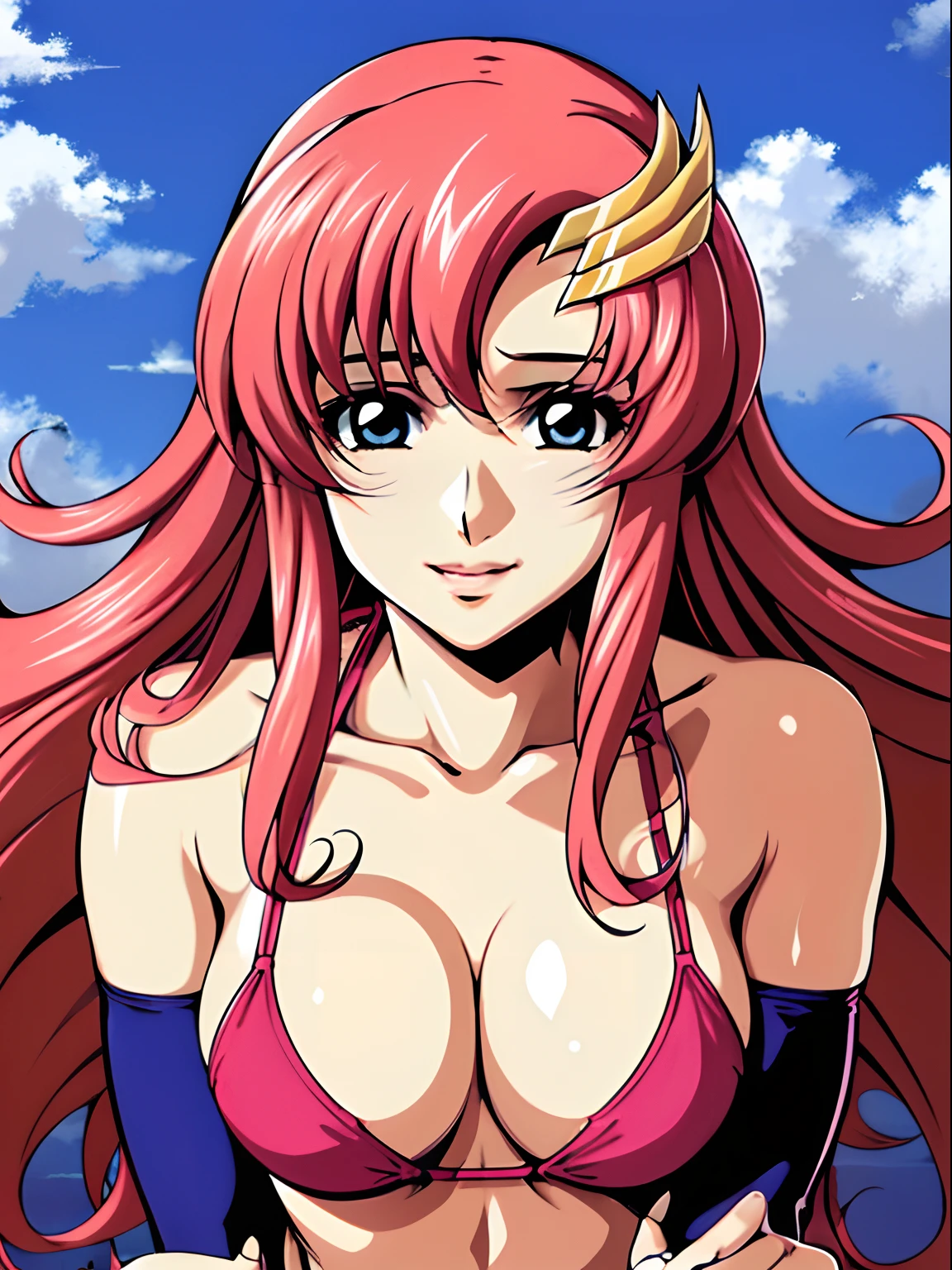 (masterpiece, upper body view, from above, 4K, Best Quality, Anime style: 1.9, , tall, Adult Woman, ultra detailed face, (cloud background, wrestling), Drawing lines, high resolution, Anime, lacus4), 1girl, Solo, curvy figure, Long hair, 鎖骨, scapular, (Detailed wide hair bangs, Hair Ornament, Detailed reddish-pink hair, golden crest), cleavage, large hands, (female wrestler). (Big blue eyes, shiny eyes), ((hands on knees, broad shoulders)), ((perfect proportions, medium breasts, long belly)), (((bikini, pink wrestling gear))), happy, smile, (standing, looking at the viewer)