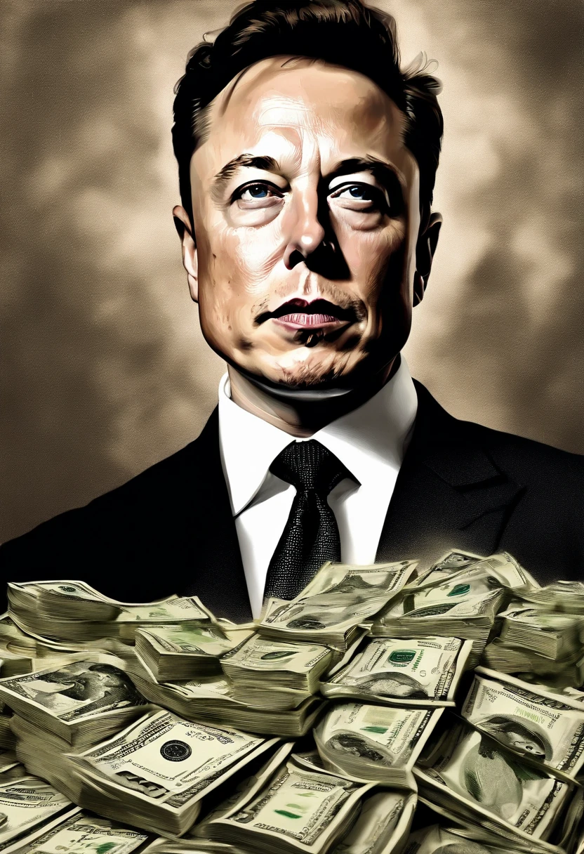 Elon Musk lutando contra o dinheiro, oil painting, pinceladas duras, dramatic lighting, intense expression, Olhos determinados, punhos cerrados, suor escorrendo pelo rosto, terno enrugado, Correntes quebradas, Crumbling dollar bills, Chart of the crumbling stock market, smoke rising in the background, preto e branco com um toque de ouro, realismo. (best quality, Altas, ultra-detalhado), (Realistic:1.37), profissional, vivid colors.