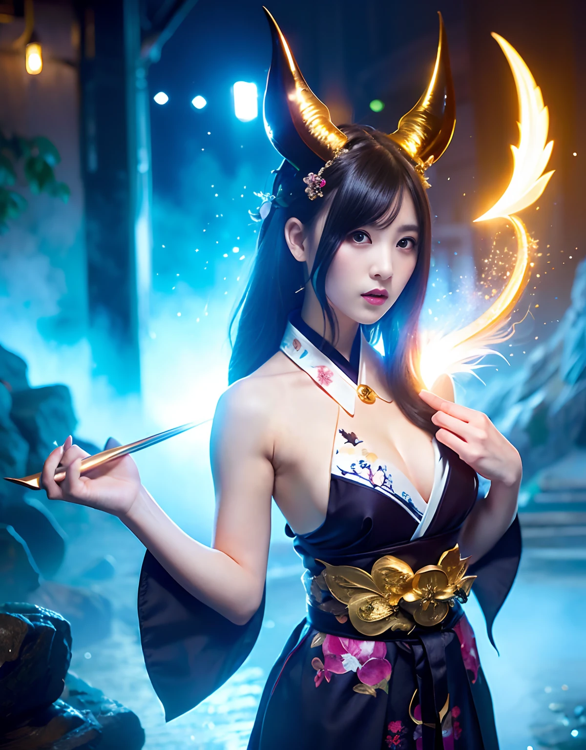 ((World of Darkness)),Professional , ​masterpiece、top-quality、photos realistic , depth of fields 、（sexypose）、Oiran hairstyle、Maiko's hairstyle、(White maple on full bloom background),（Ultimate Beauty）、A dark-haired、（shrine background)、（Kimono with beautiful pattern）、（Night background）、Beautiful hair ornament on the head、（（Precipitous cliffs））,(Wear a beautiful kimono),（Wear a beautiful kimono with colorful floral patterns）、Jewel Gold Weapon、Particles of light),(Wearing a wizard's hat）、Gorgeous gold weapons ,Castle background、（（ Gorgeous Dragon Sword）） , （a dark night）,,（maikurobikini） 、（（Black Haired Beautiful Girl））、（Castle background）、（demonic wings）、（（Gangle's forest background））、Beautiful Caucasian beauty、１a person、dynamic ungle,(((Two devil's horns on the head)))、Smaller head、Idle Smile、Thin and beautiful female hands、Mystical expression、Light Effects、intense fighting、Wind-effect、magic circles、With the legendary magic wand、Dragon's tail、Full Body Angle、