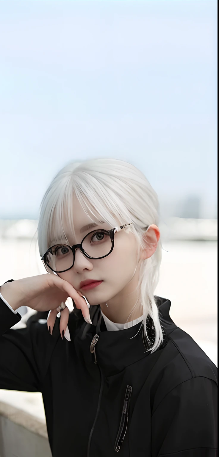 1girl,white hair,black Glasses,realistic,ultra detail