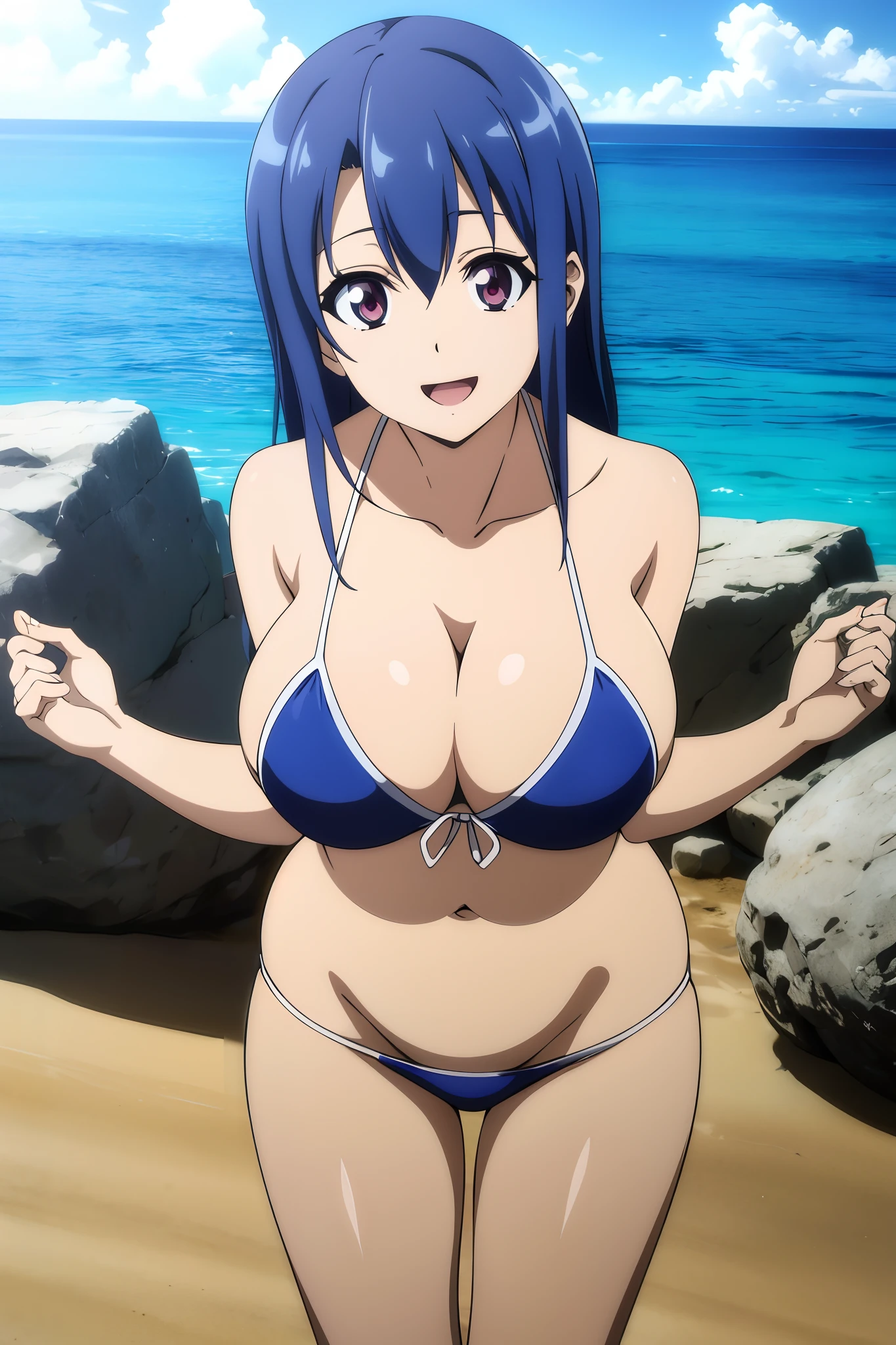 masutepiece, Best Quality,1girl in, (Solo:1.3),Blue hair color、Long hair、(Huge breasts:1)、The bikini,A smile、Opening Mouth、the beach