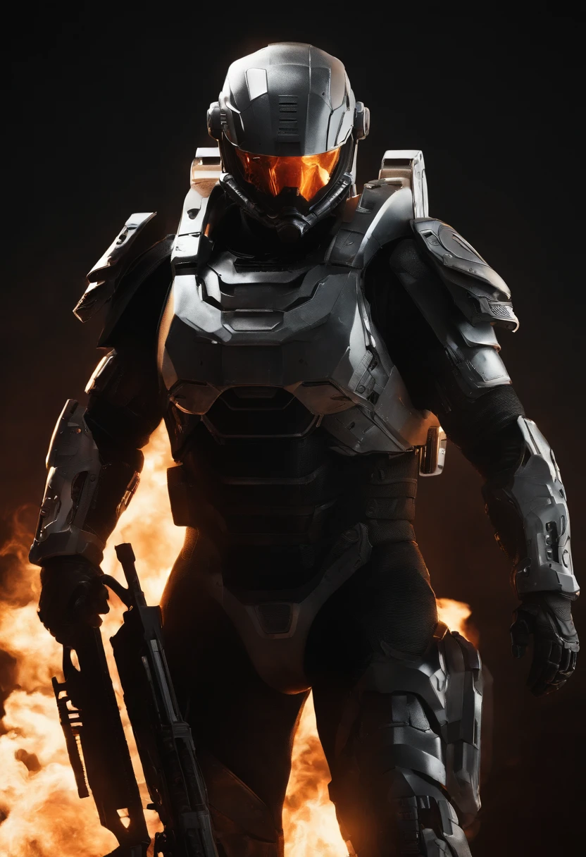 This is a CG portrait with a black background, a futuristic soldier wearing gray white power armor in a sci-fi style and a power armored soldier holding a Gaussian rifle. The whole body was bold, with flames burning behind his back and behind his feet. The contrast between light and shadow is sacred, and the composition of the movie is epic, tragic, dark style, biblical, sacred, bright, serious, dark soul, high-definition, epic, and sci-fi style
