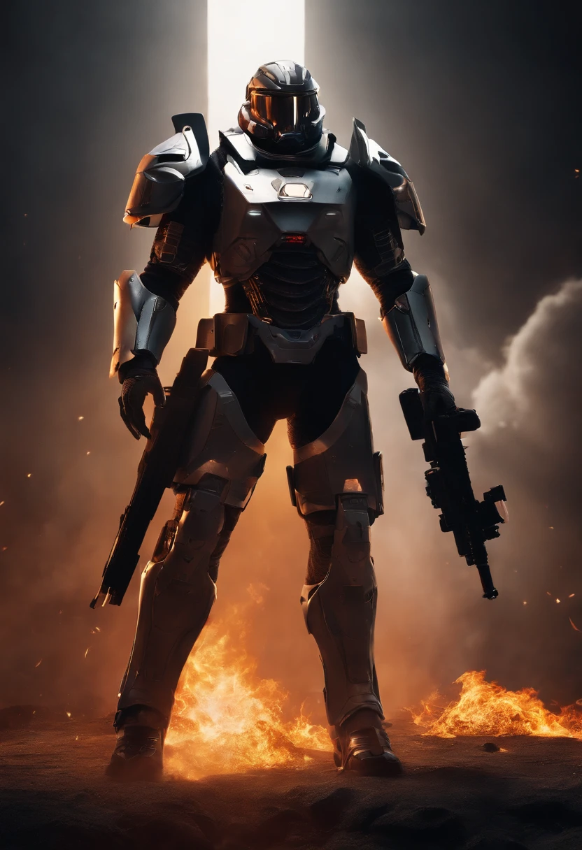 This is a CG portrait with a black background, a futuristic soldier wearing gray white power armor in a sci-fi style and a power armored soldier holding a Gaussian rifle. The whole body was bold, with flames burning behind his back and behind his feet. The contrast between light and shadow is sacred, and the composition of the movie is epic, tragic, dark style, biblical, sacred, bright, serious, dark soul, high-definition, epic, and sci-fi style